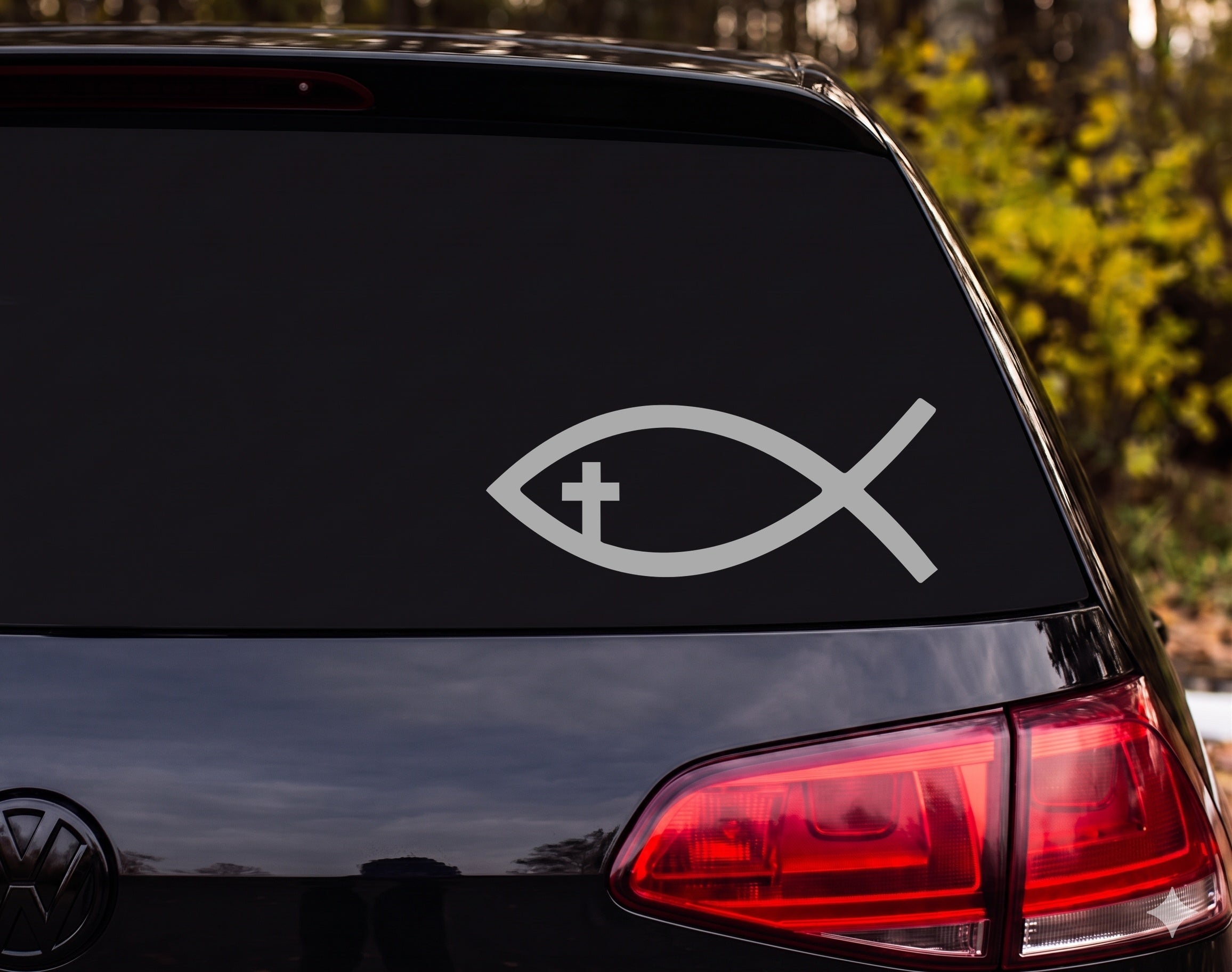 Jesus Fish Ichthys Cross Inside Silhouette Christian Vinyl Decal Sticker Car - Silver