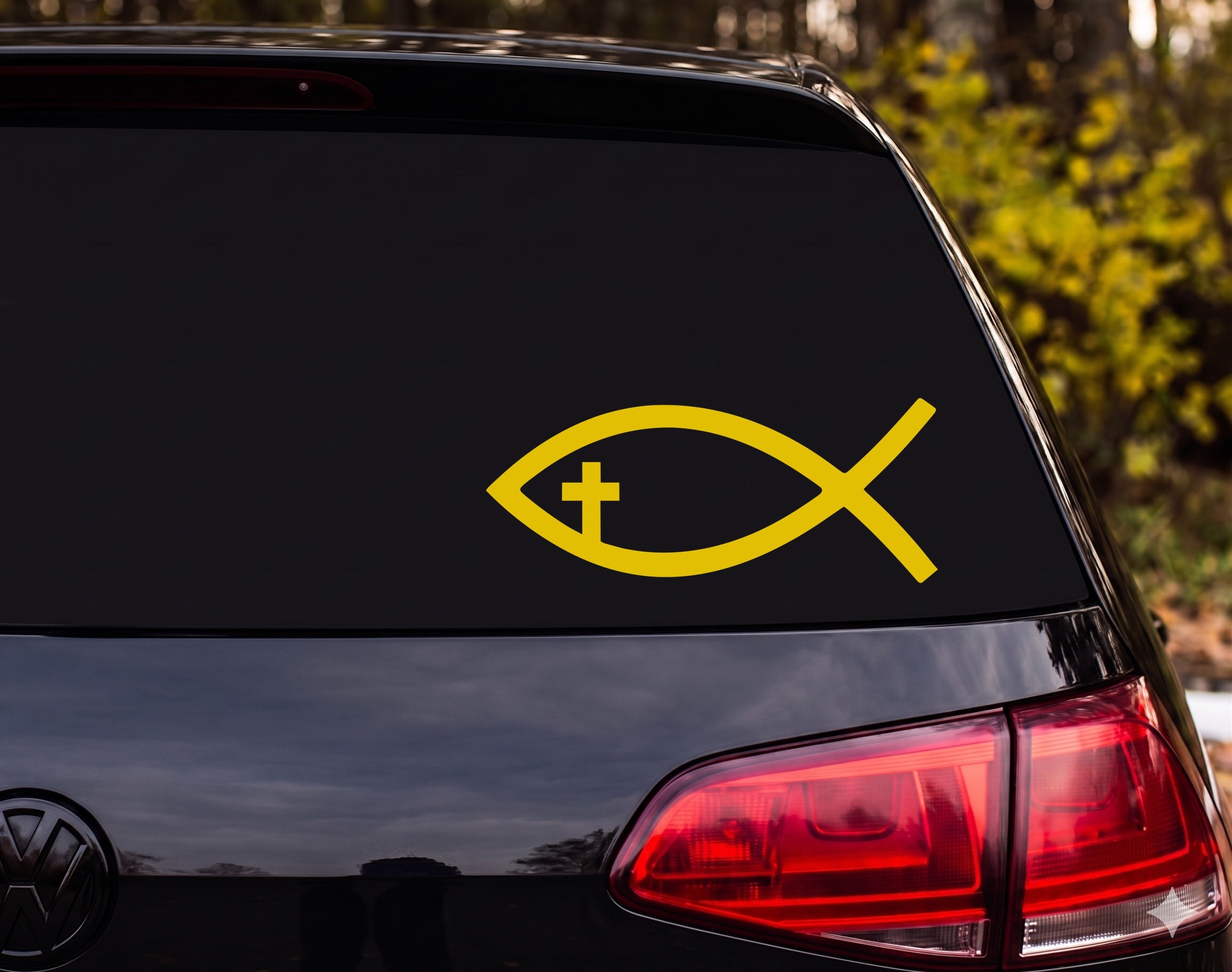 Jesus Fish Ichthys Cross Inside Silhouette Christian Vinyl Decal Sticker Car - Yellow
