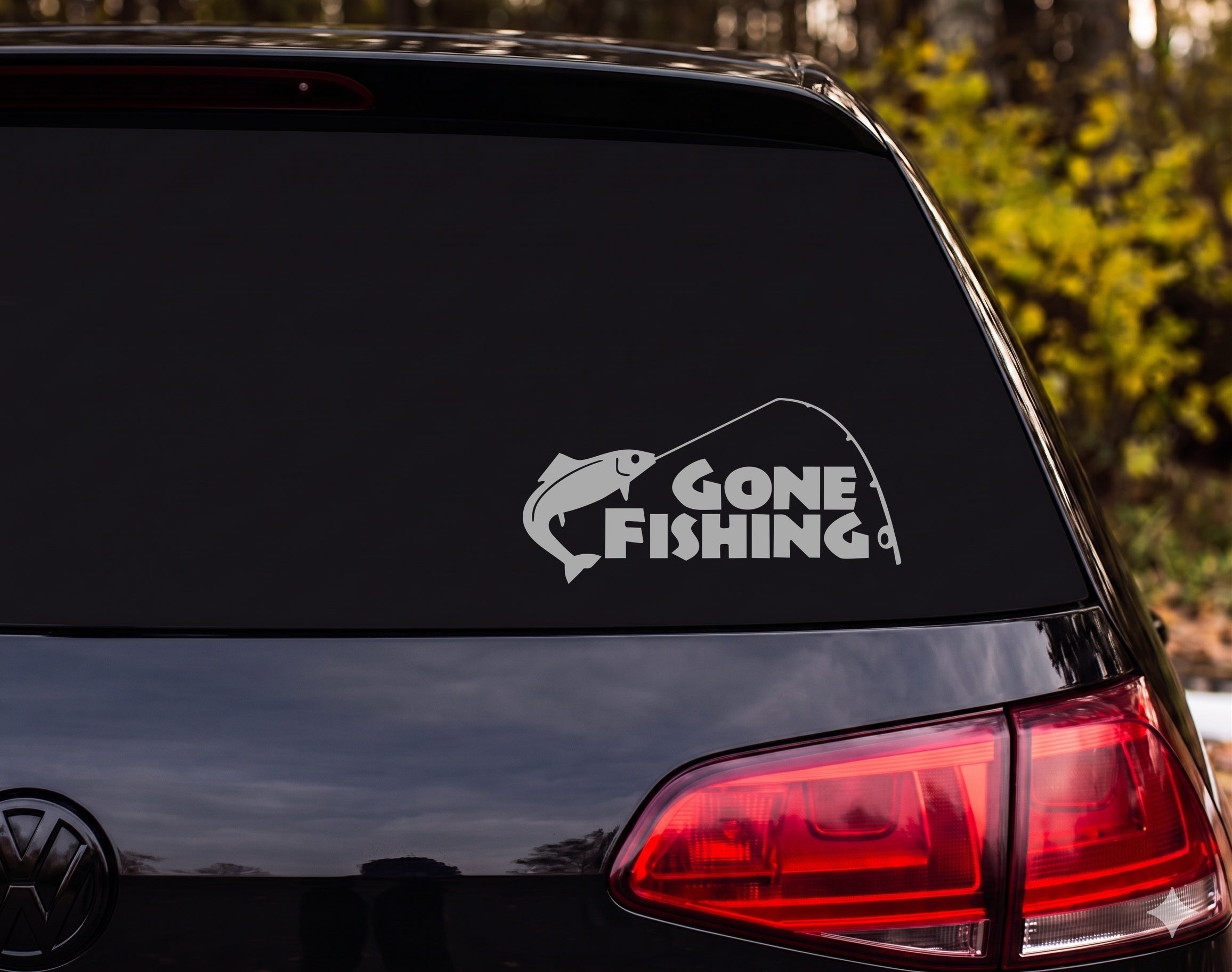 GONE FISHING Leaping Salmon Trout Bent Rod Silhouette Vinyl Decal Sticker Car - Silver