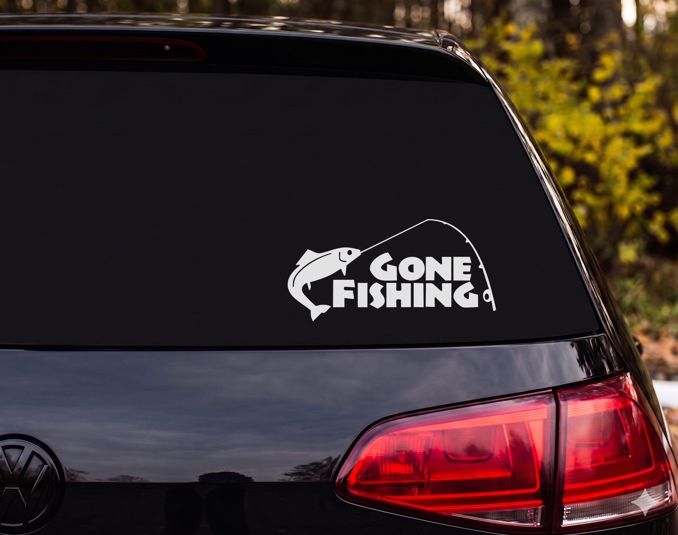 GONE FISHING Leaping Salmon Trout Bent Rod Silhouette Vinyl Decal Sticker Car - White