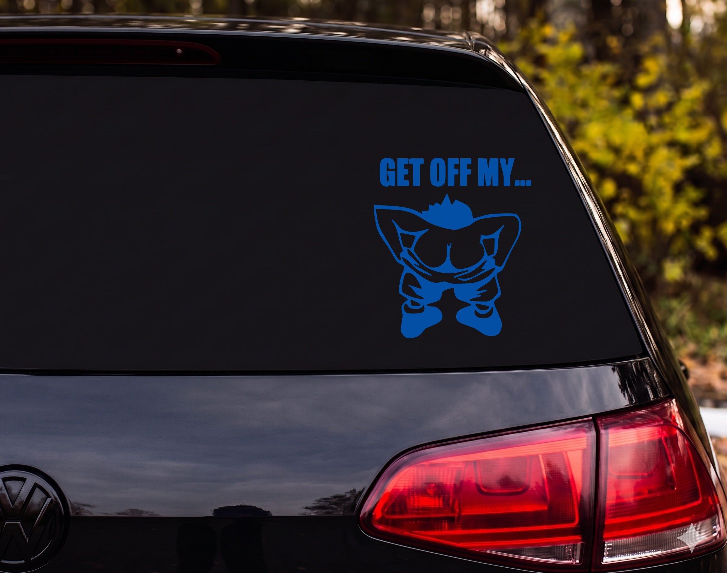 GET OFF MY... Mooning Cartoon Figure Black Outline Vinyl Decal Sticker - Blue