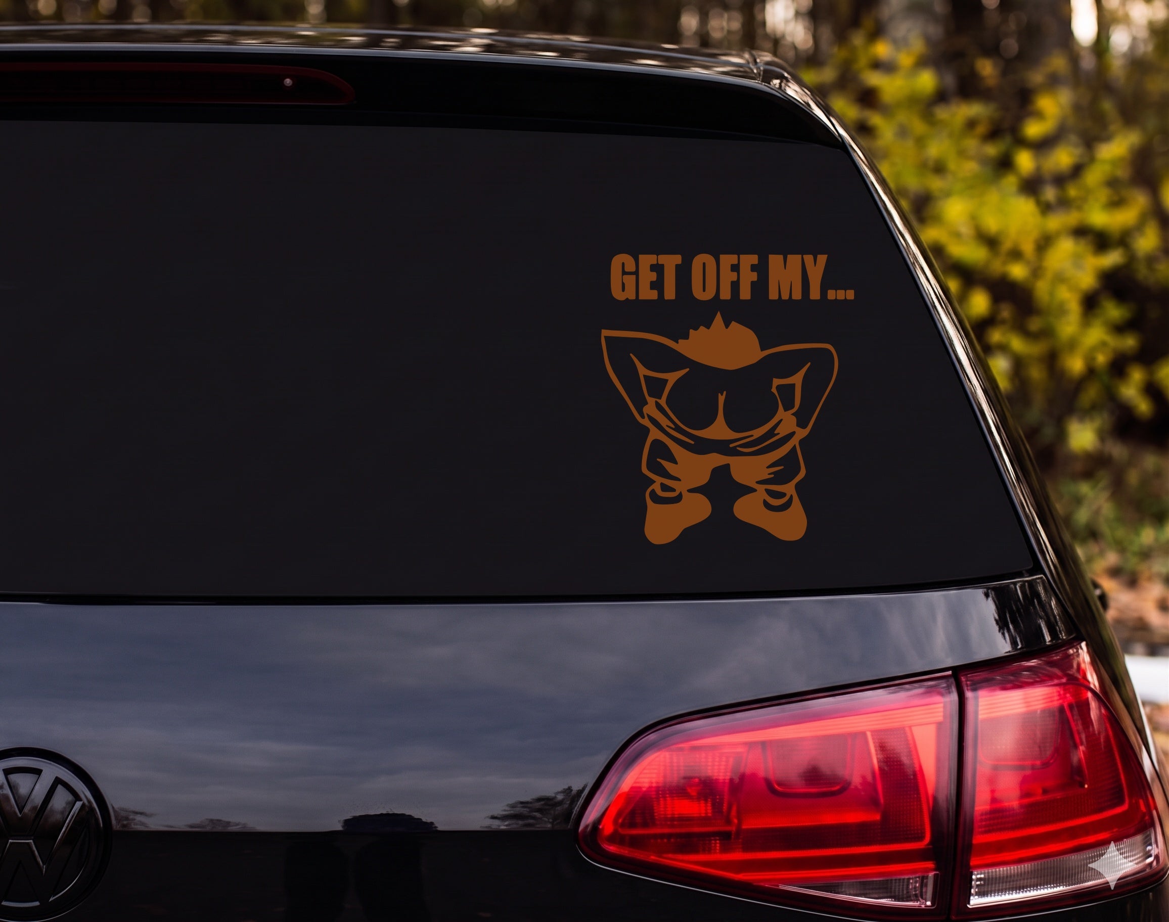 GET OFF MY... Mooning Cartoon Figure Black Outline Vinyl Decal Sticker - Brown