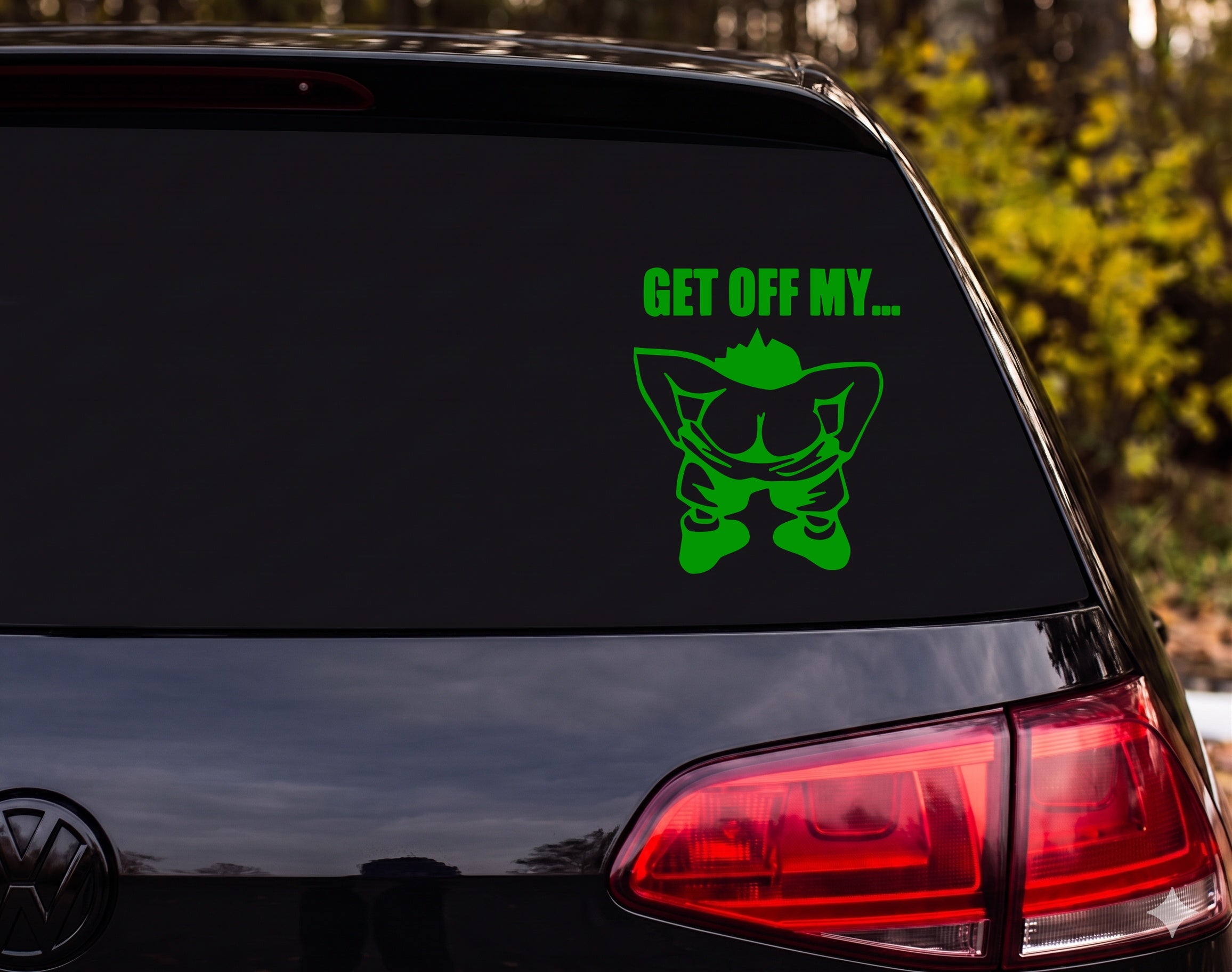 GET OFF MY... Mooning Cartoon Figure Black Outline Vinyl Decal Sticker - Green