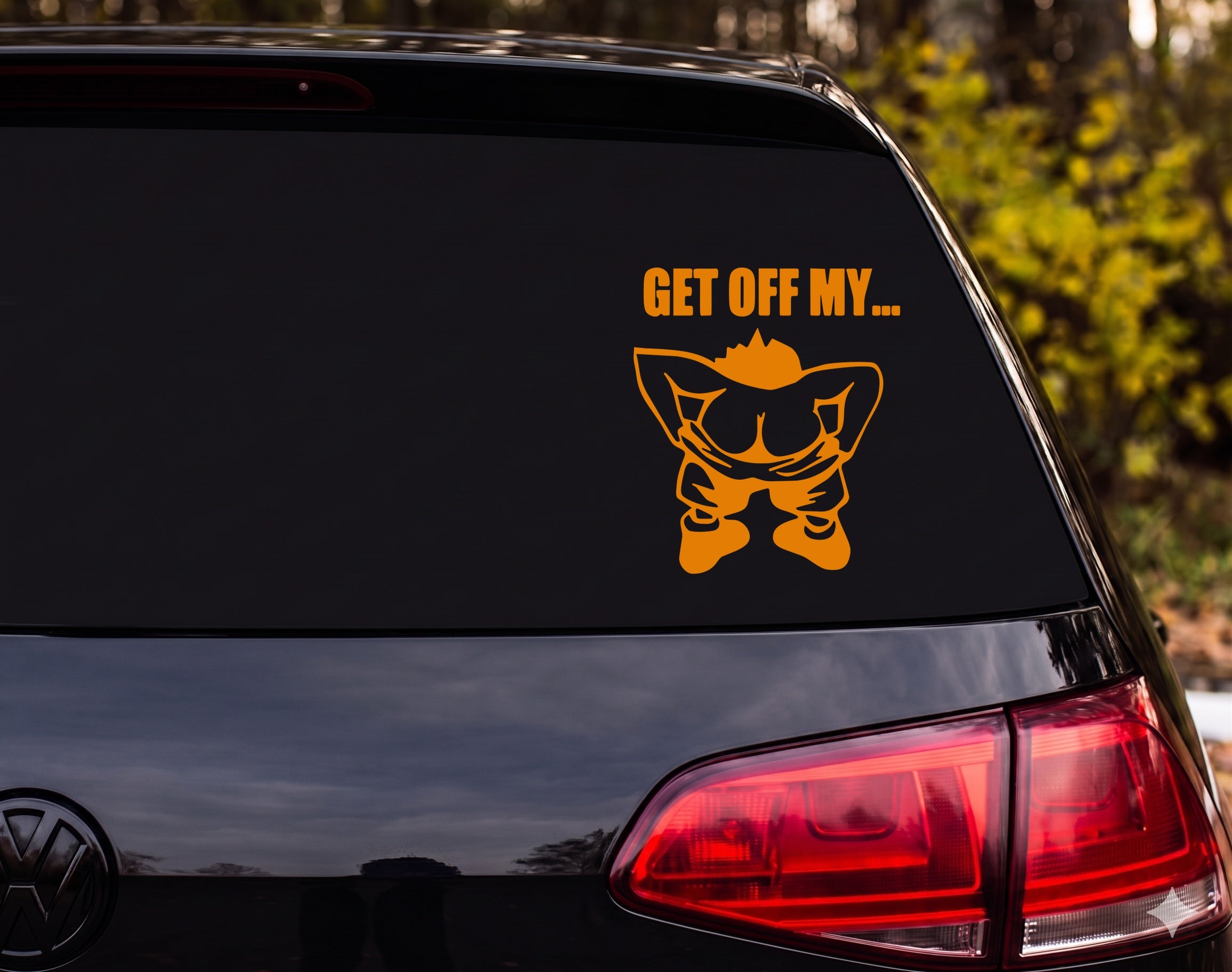 GET OFF MY... Mooning Cartoon Figure Black Outline Vinyl Decal Sticker - Orange