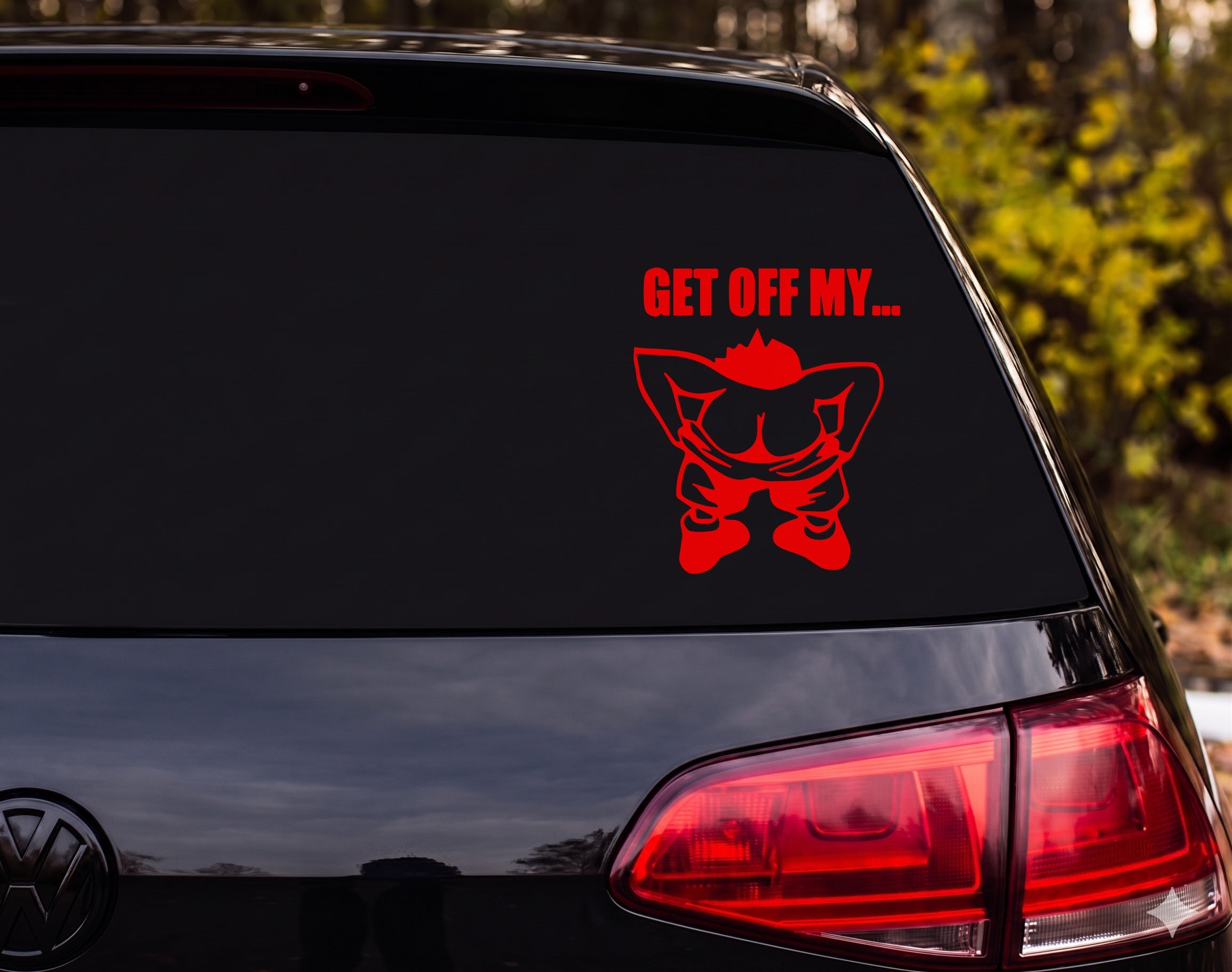 GET OFF MY... Mooning Cartoon Figure Black Outline Vinyl Decal Sticker - Red