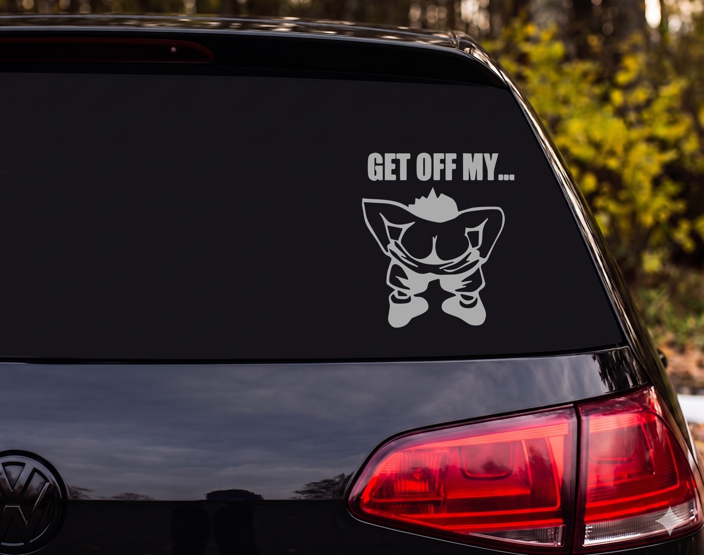 GET OFF MY... Mooning Cartoon Figure Black Outline Vinyl Decal Sticker - Silver