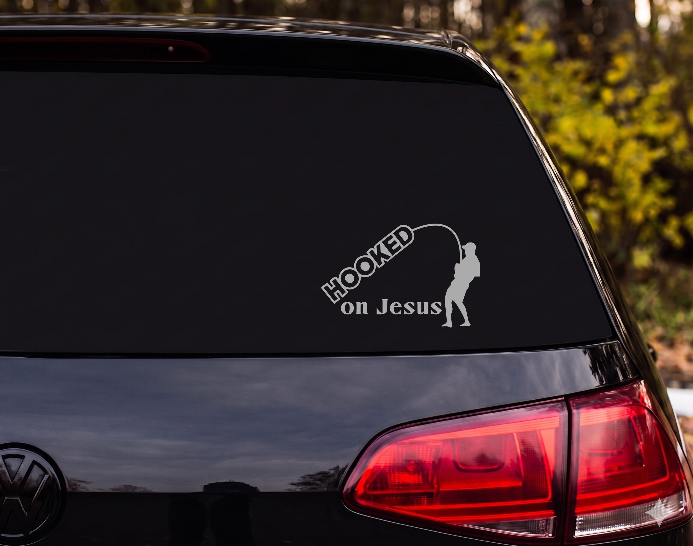 Hooked on Jesus Fisherman Silhouette Christian Fishing Vinyl Decal Sticker - Silver