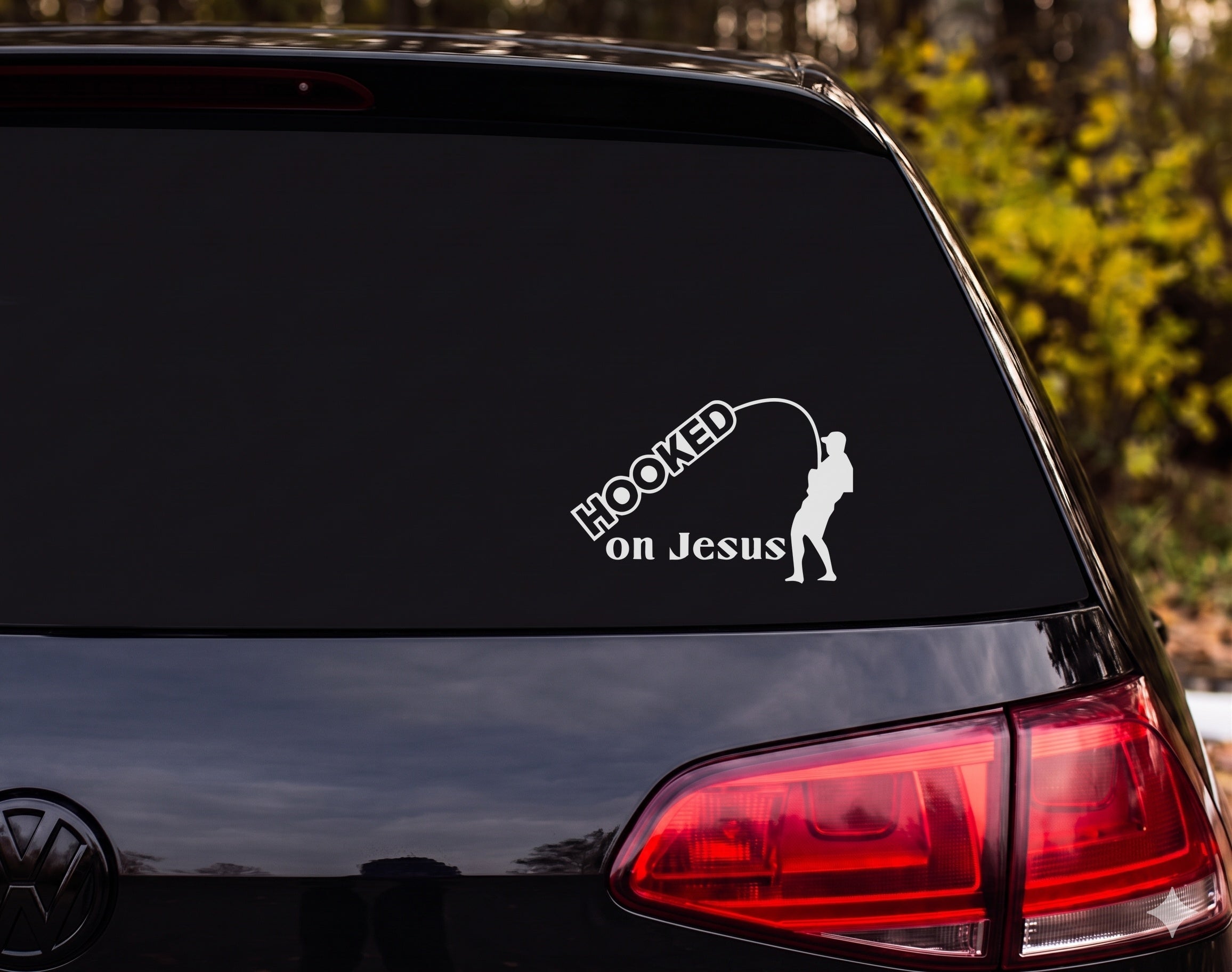 Hooked on Jesus Fisherman Silhouette Christian Fishing Vinyl Decal Sticker - White