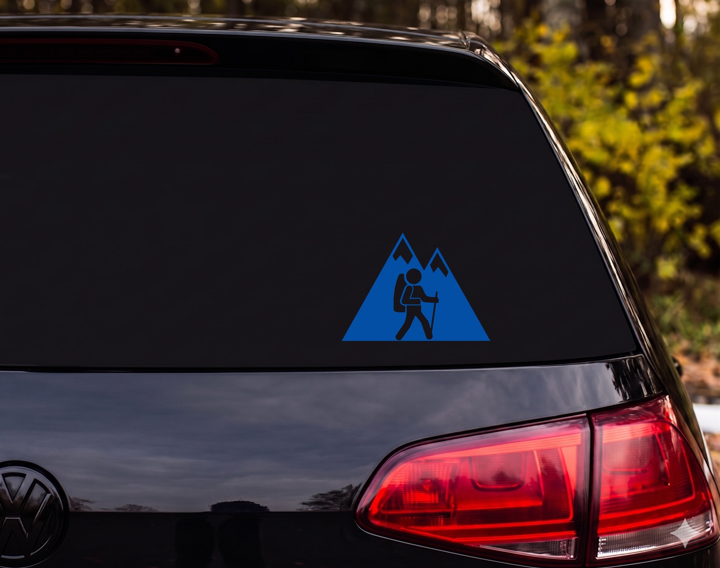 Hiker Silhouette Mountains Snow Peaks Backpack Trekking Pole Vinyl Decal Sticker - Blue