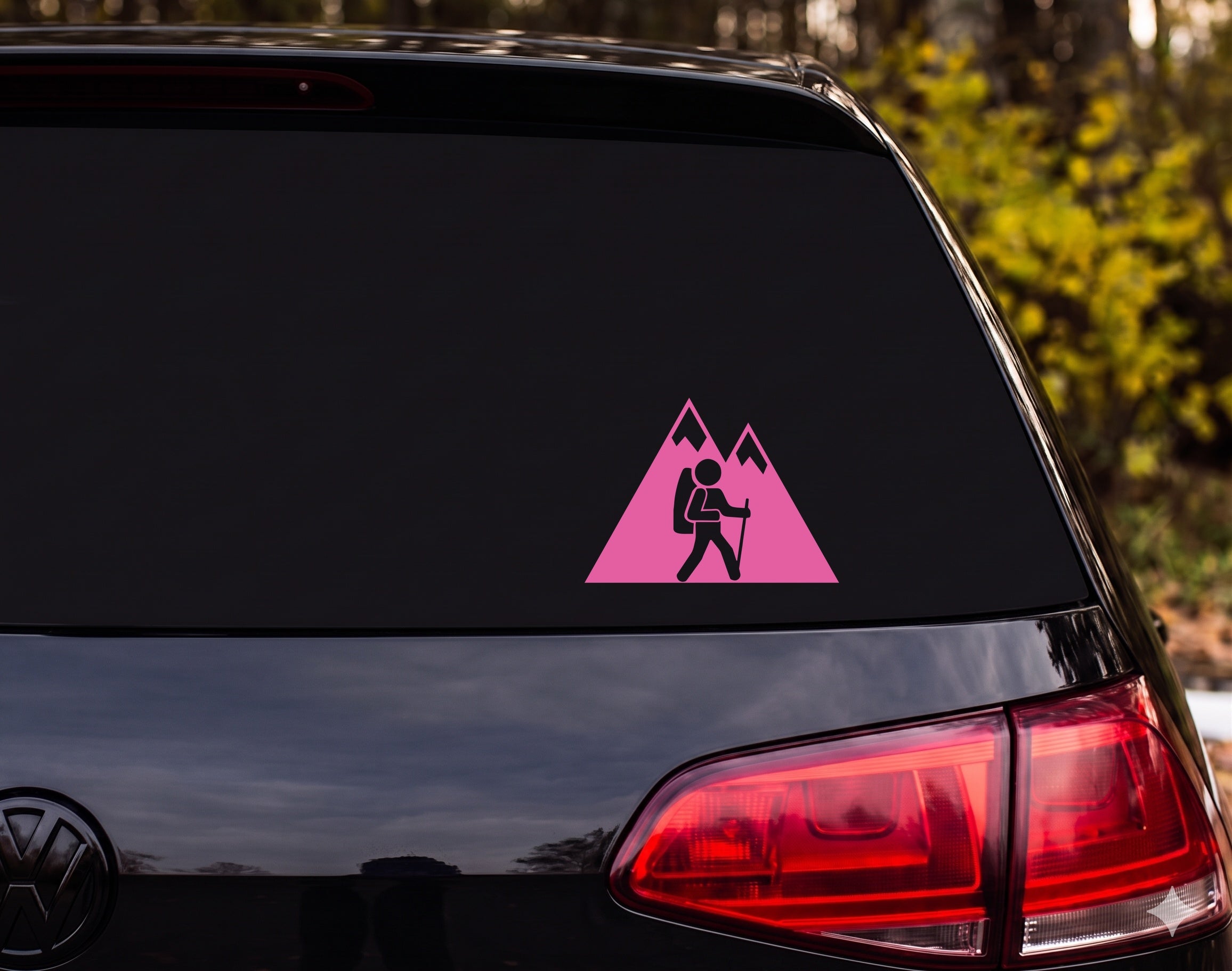 Hiker Silhouette Mountains Snow Peaks Backpack Trekking Pole Vinyl Decal Sticker - Pink