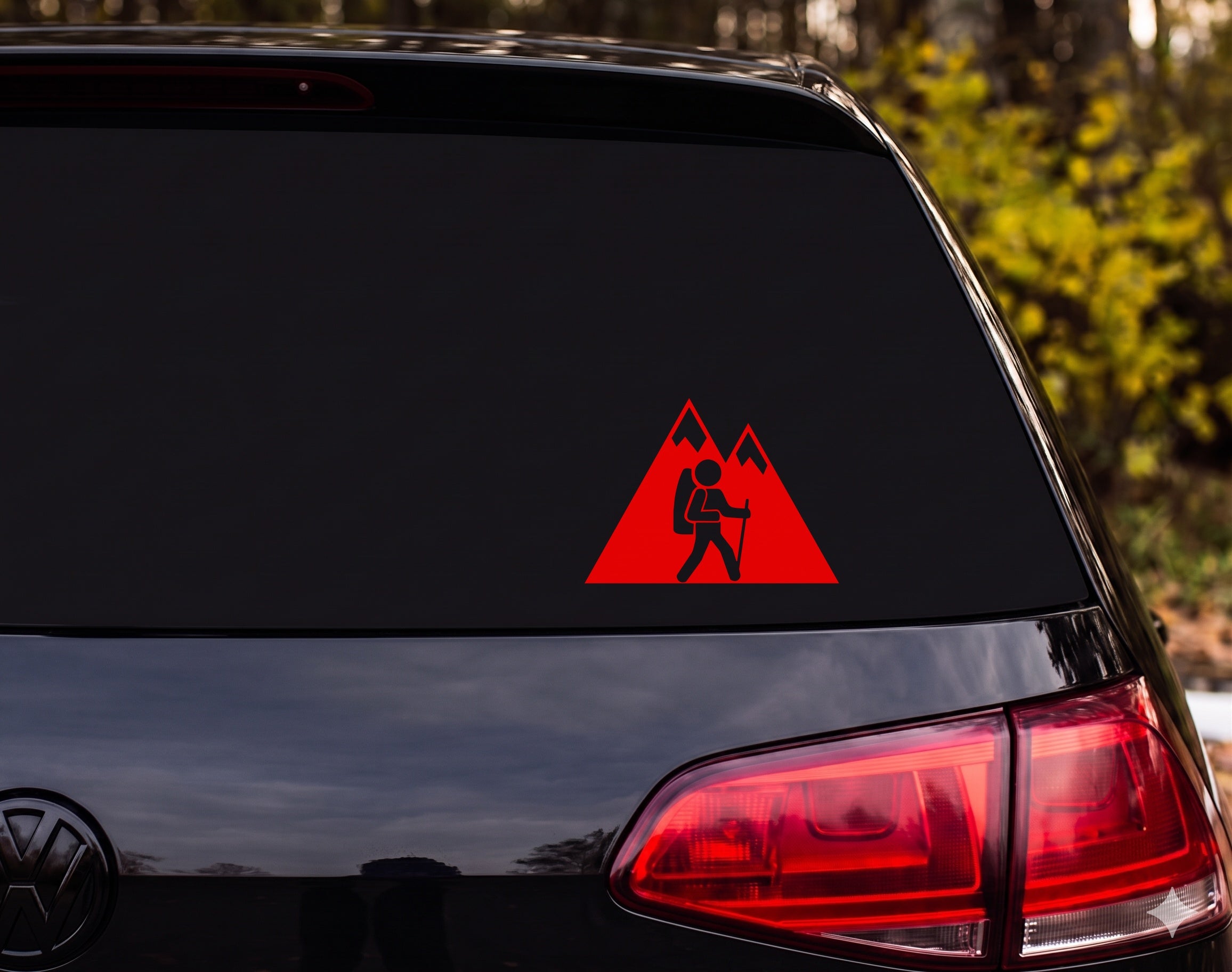Hiker Silhouette Mountains Snow Peaks Backpack Trekking Pole Vinyl Decal Sticker - Red