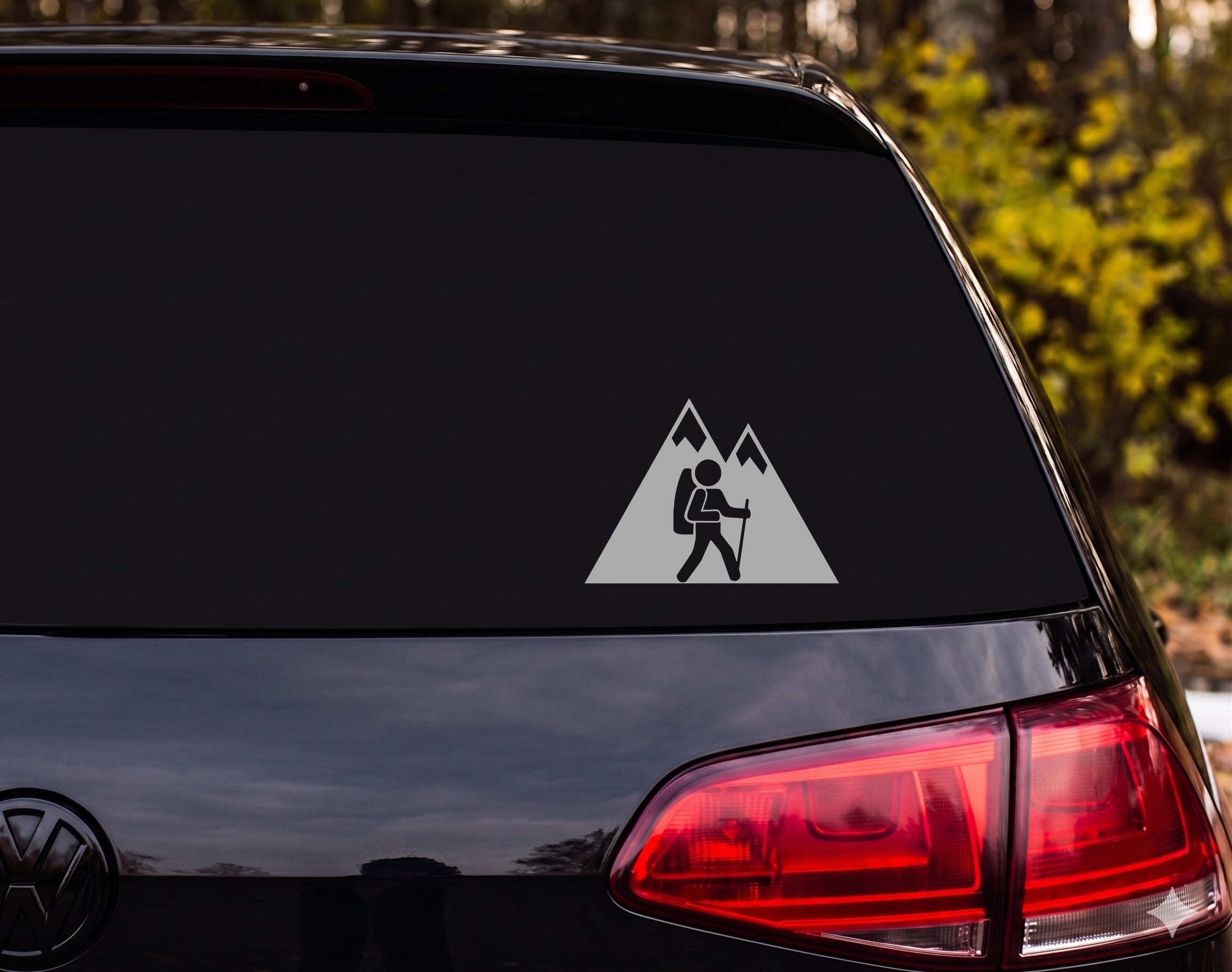 Hiker Silhouette Mountains Snow Peaks Backpack Trekking Pole Vinyl Decal Sticker - Silver