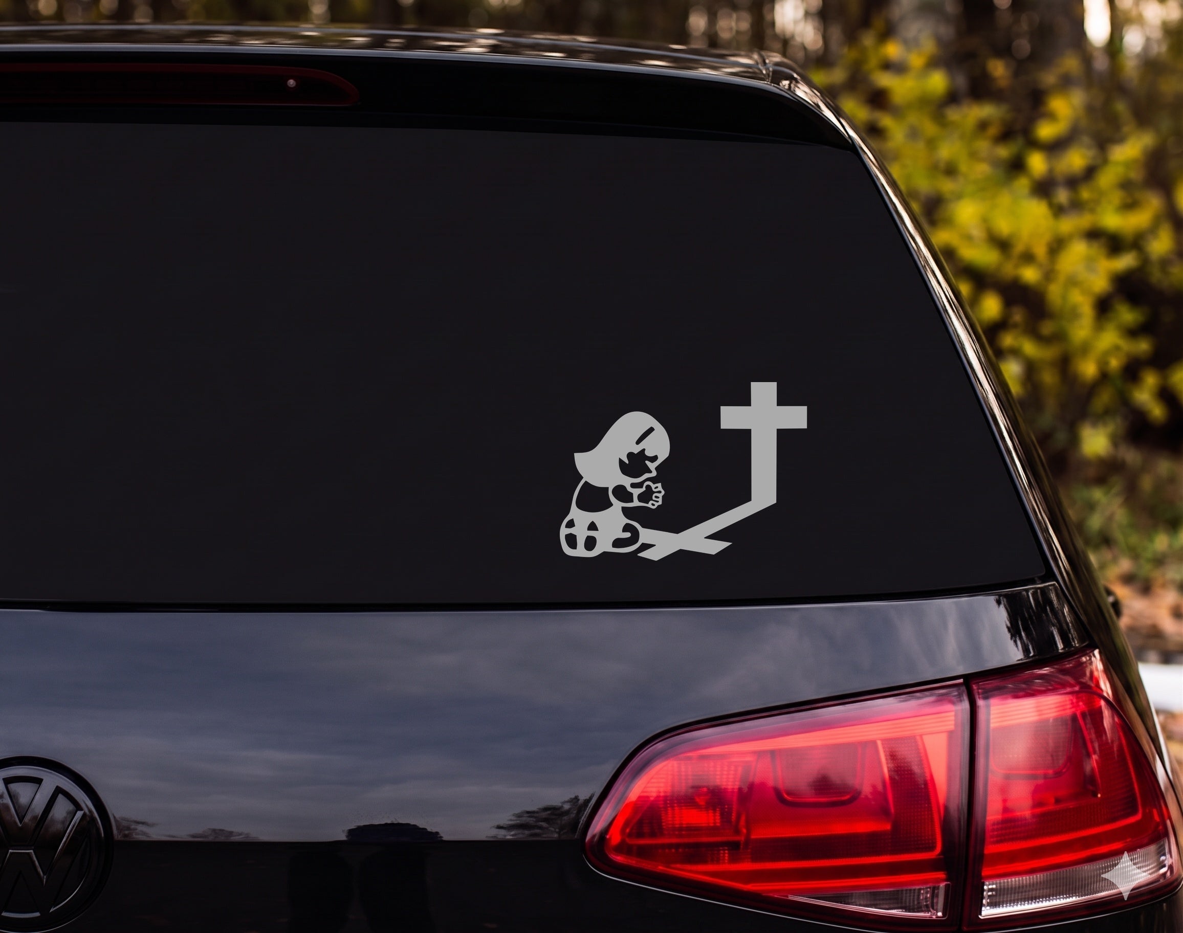 Girl Kneeling in Prayer at Cross Cartoon Vinyl Decal Sticker Car Window - Silver