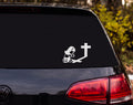 Girl Kneeling in Prayer at Cross Cartoon Vinyl Decal Sticker Car Window - White