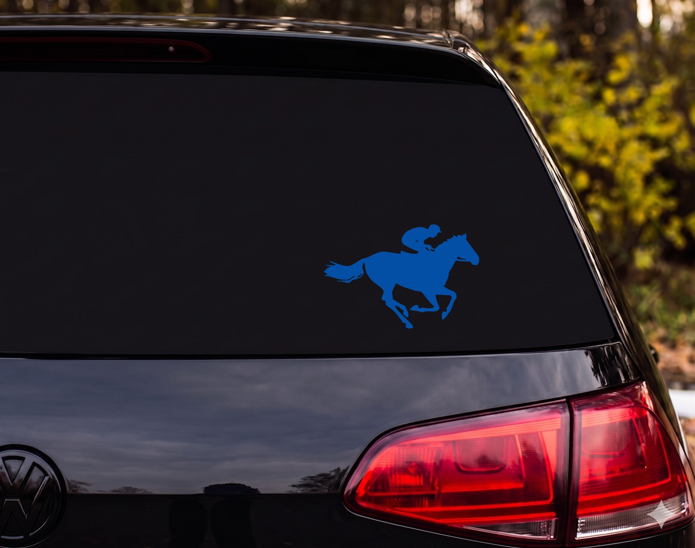 Racehorse Jockey Silhouette Full Gallop Running Vinyl Decal Sticker Car Window - Blue