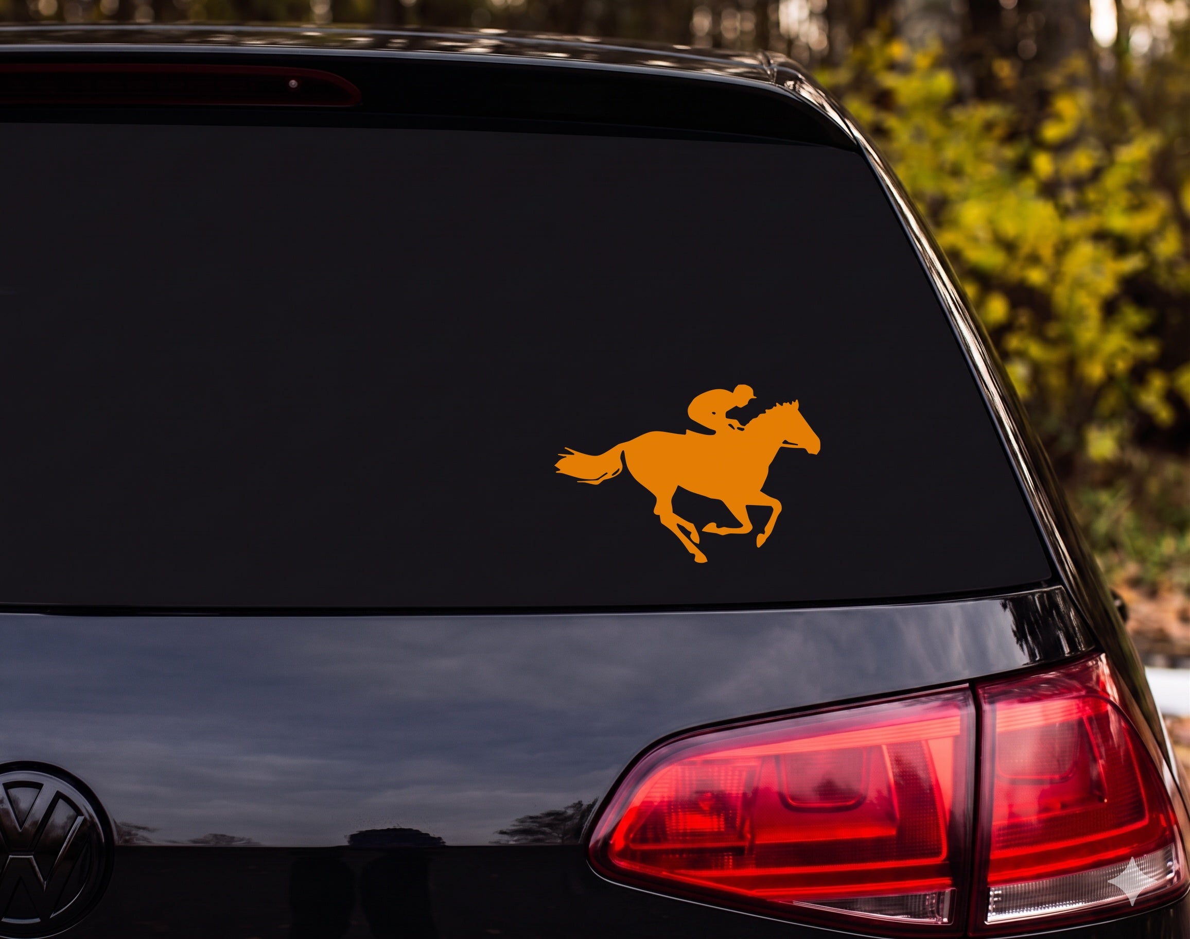Racehorse Jockey Silhouette Full Gallop Running Vinyl Decal Sticker Car Window - Orange