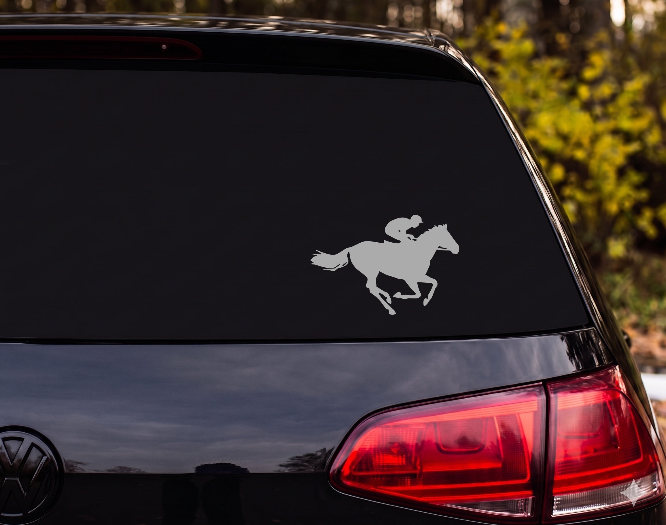 Racehorse Jockey Silhouette Full Gallop Running Vinyl Decal Sticker Car Window - Silver