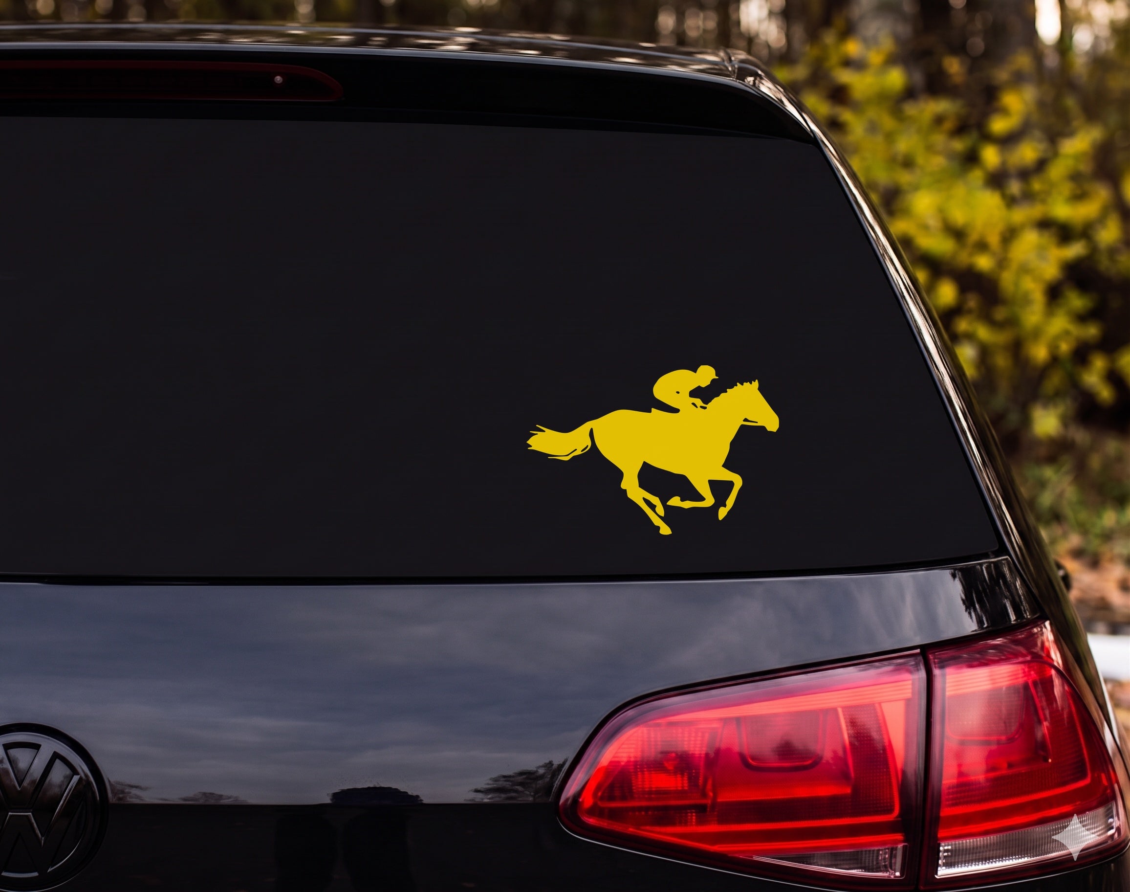 Racehorse Jockey Silhouette Full Gallop Running Vinyl Decal Sticker Car Window - Yellow