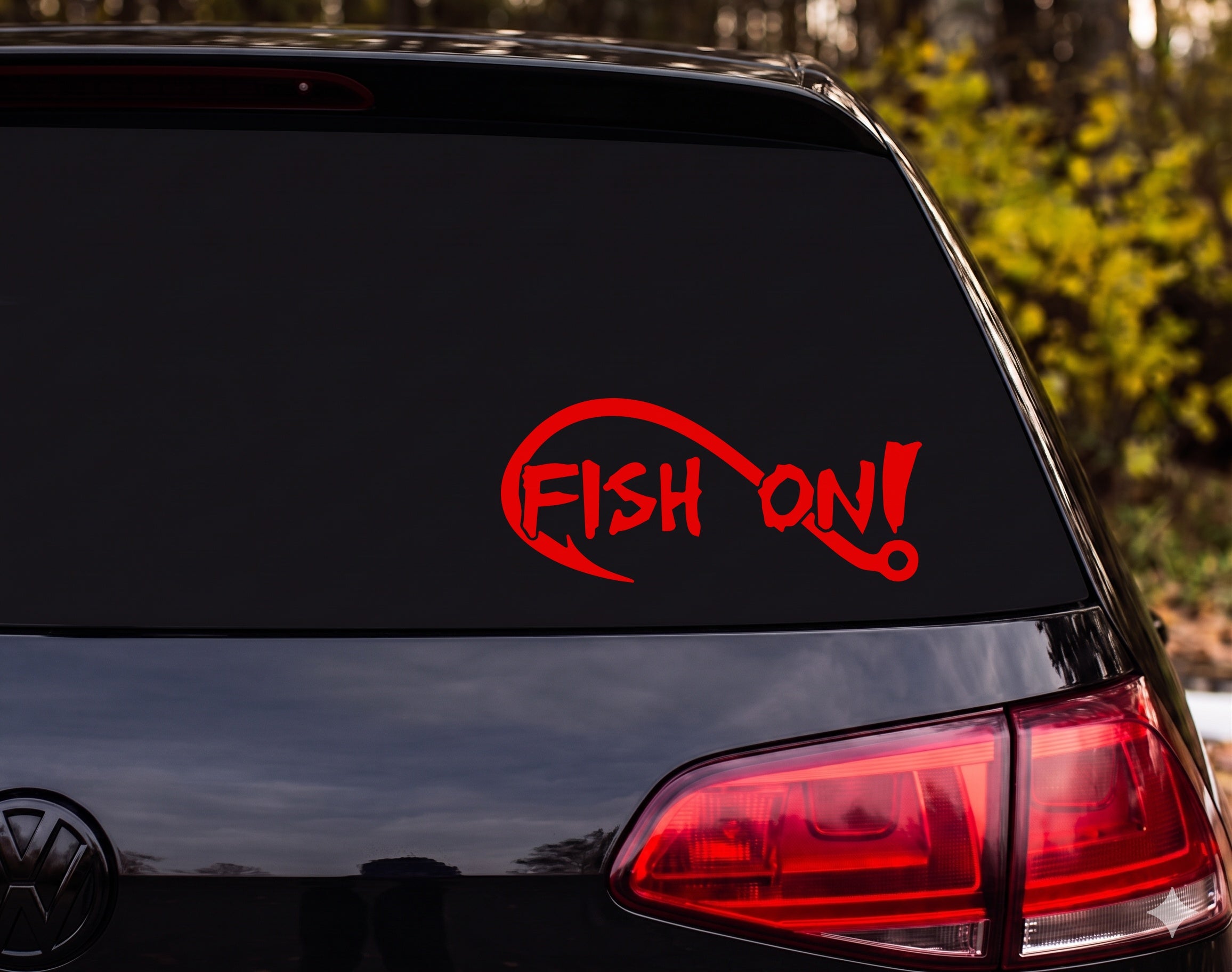 FISH ON! Fishhook Hand-Drawn Silhouette Vinyl Decal Sticker Car Window Laptop - Red