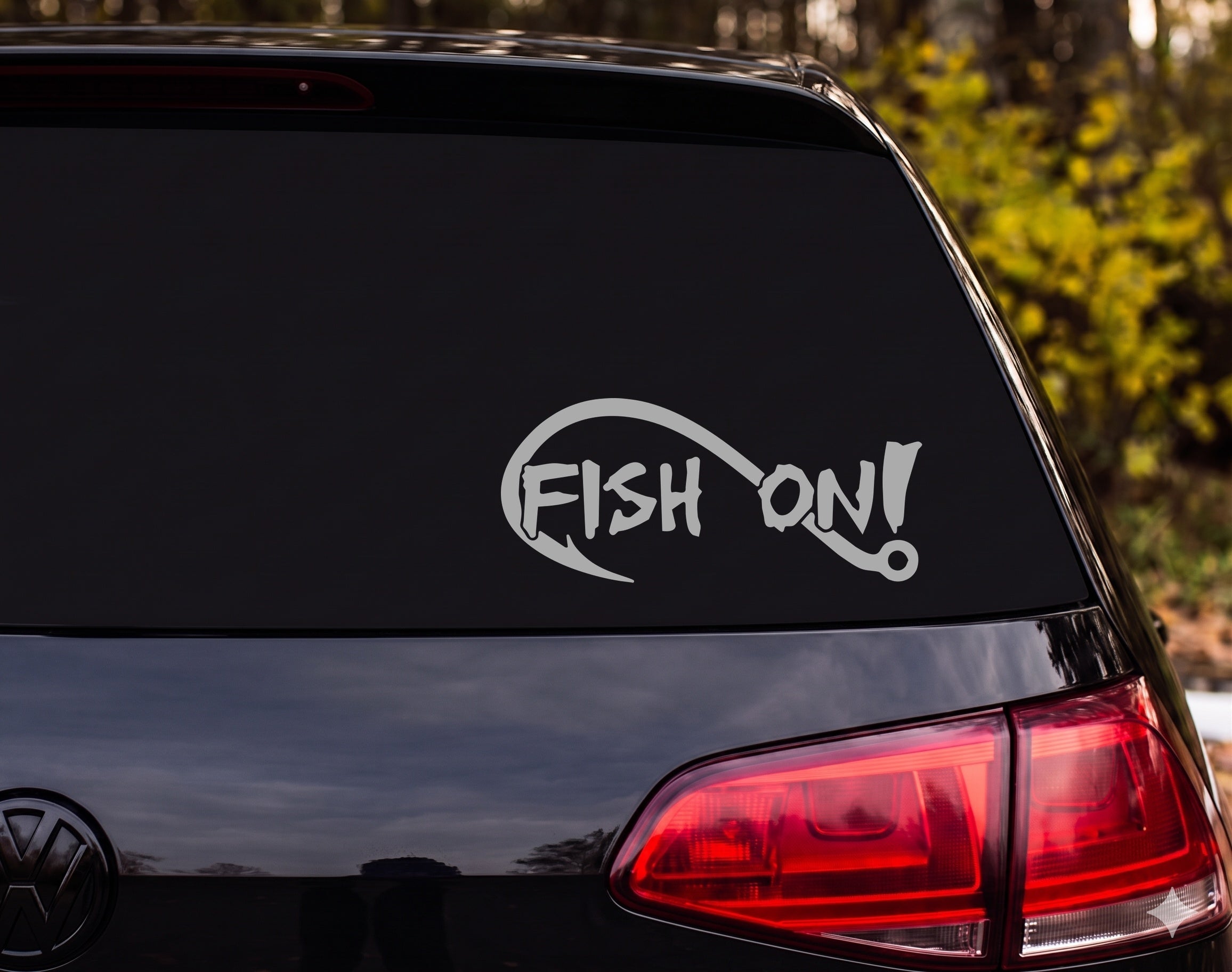 FISH ON! Fishhook Hand-Drawn Silhouette Vinyl Decal Sticker Car Window Laptop - Silver