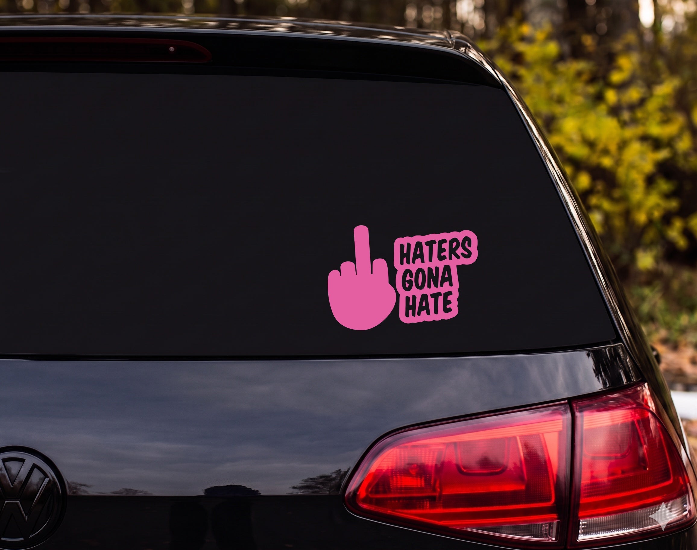 Middle Finger Hand Silhouette Haters Gona Hate Speech Bubble Vinyl Decal - Pink