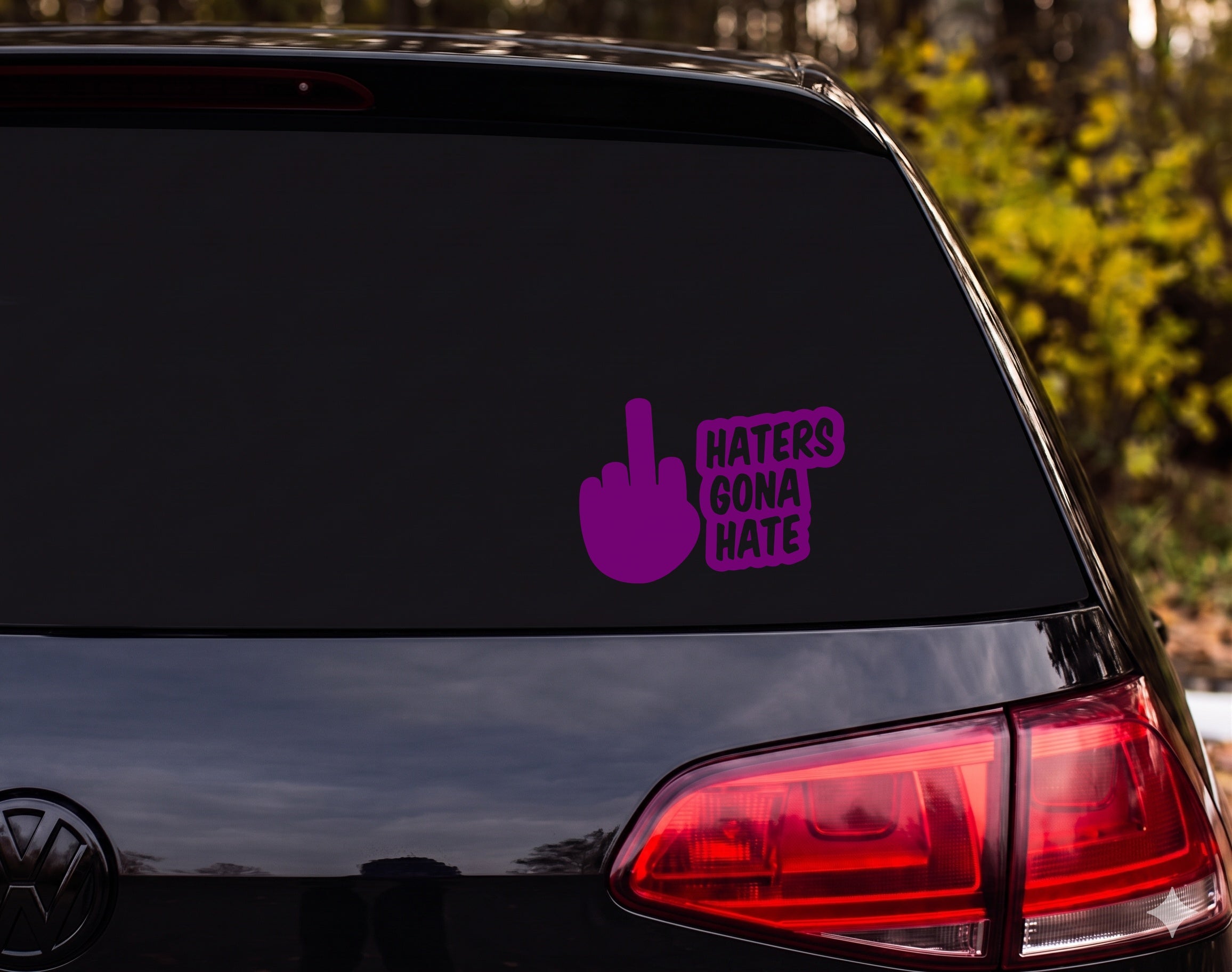 Middle Finger Hand Silhouette Haters Gona Hate Speech Bubble Vinyl Decal - Purple