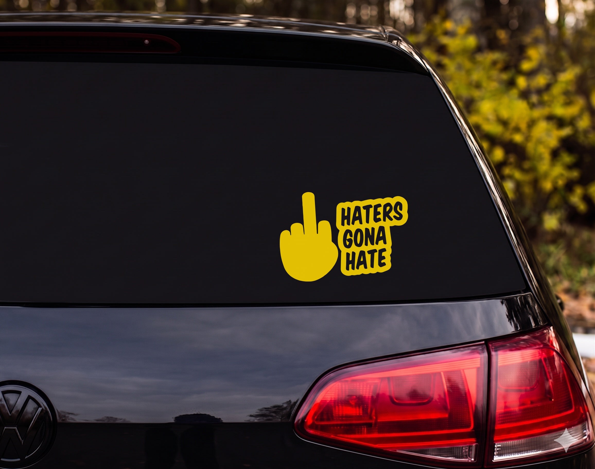Middle Finger Hand Silhouette Haters Gona Hate Speech Bubble Vinyl Decal - Yellow