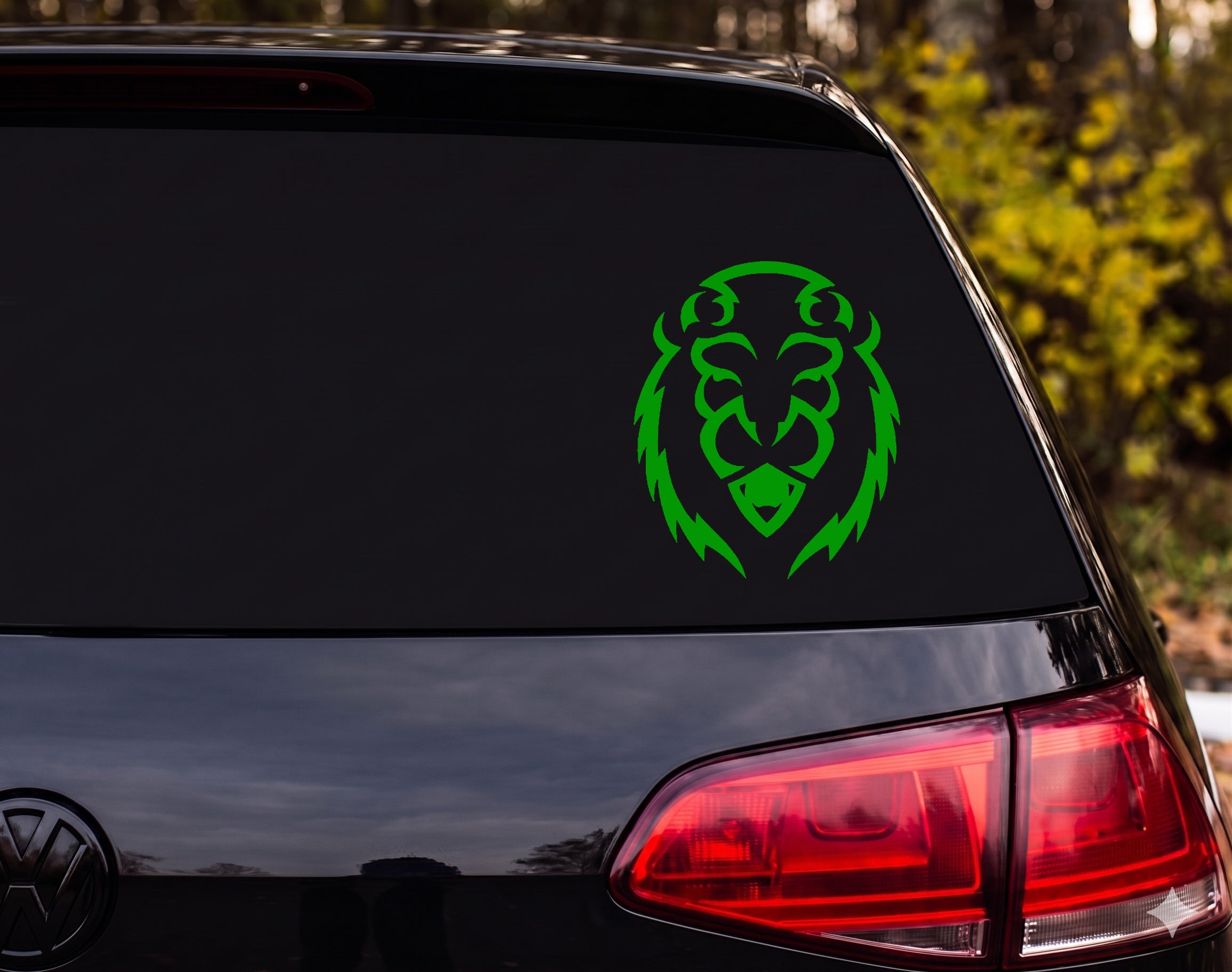 Tribal Lion Face Front Facing Fangs Flame Mane Vinyl Decal Sticker Car Window - Green