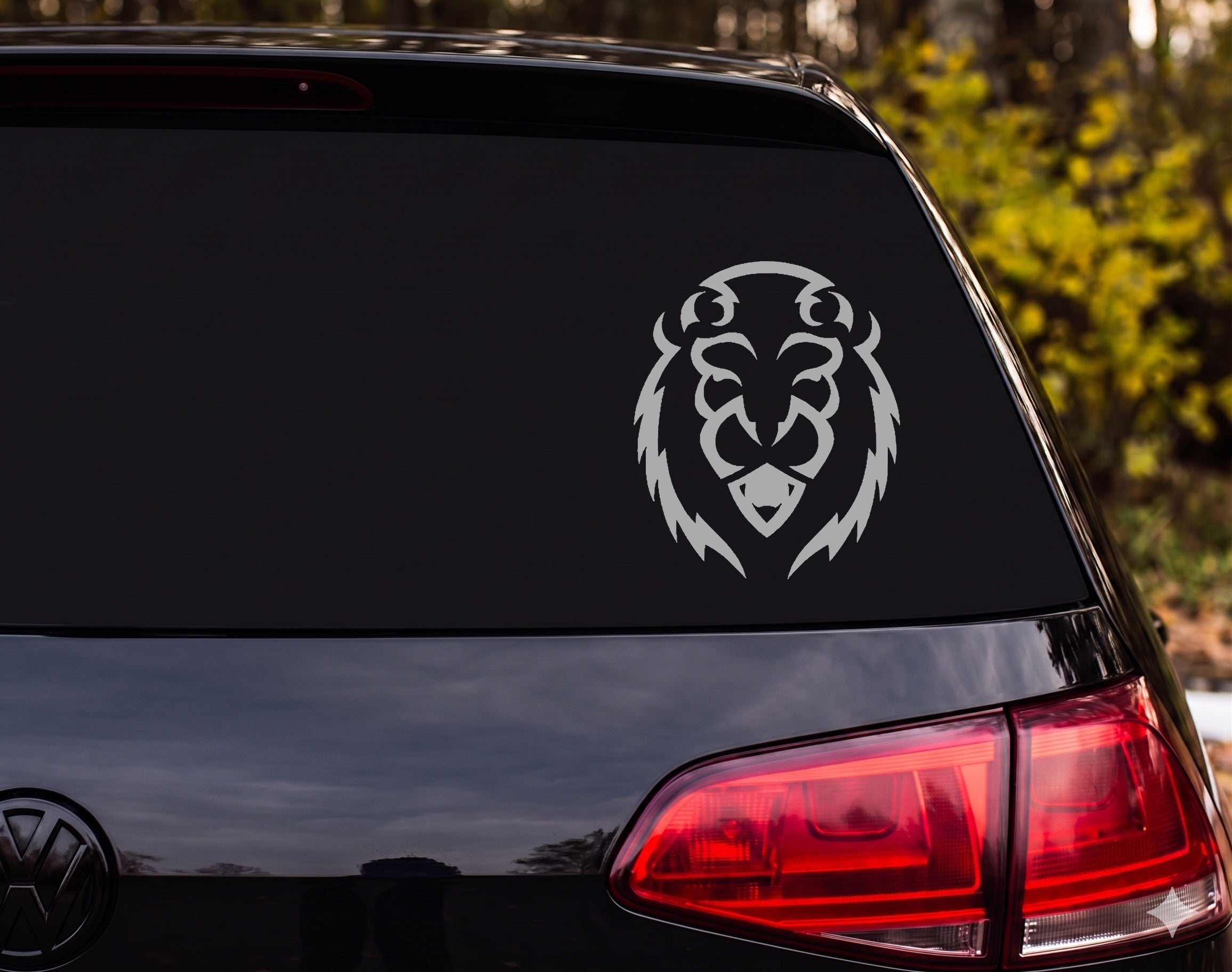 Tribal Lion Face Front Facing Fangs Flame Mane Vinyl Decal Sticker Car Window - Silver