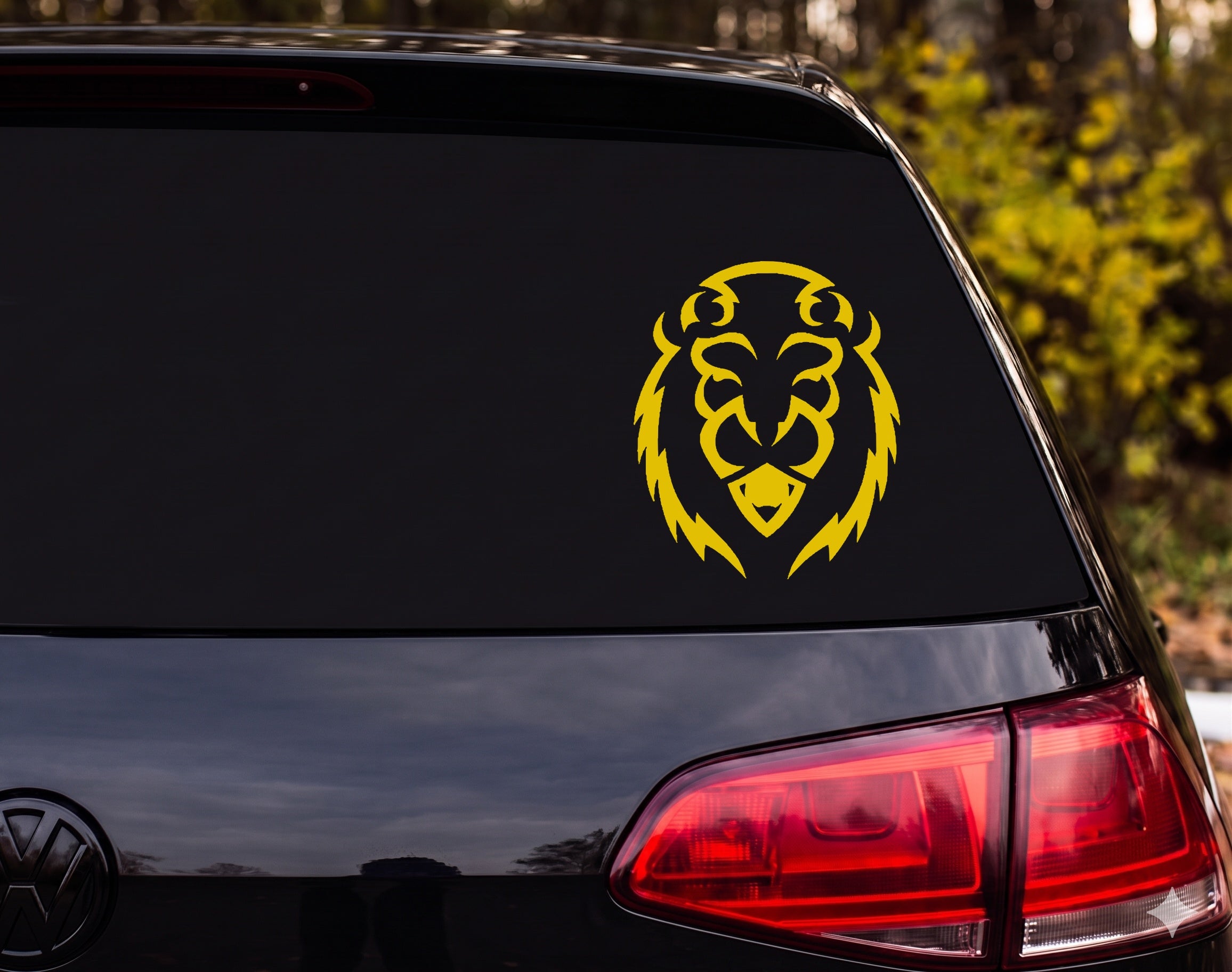 Tribal Lion Face Front Facing Fangs Flame Mane Vinyl Decal Sticker Car Window - Yellow