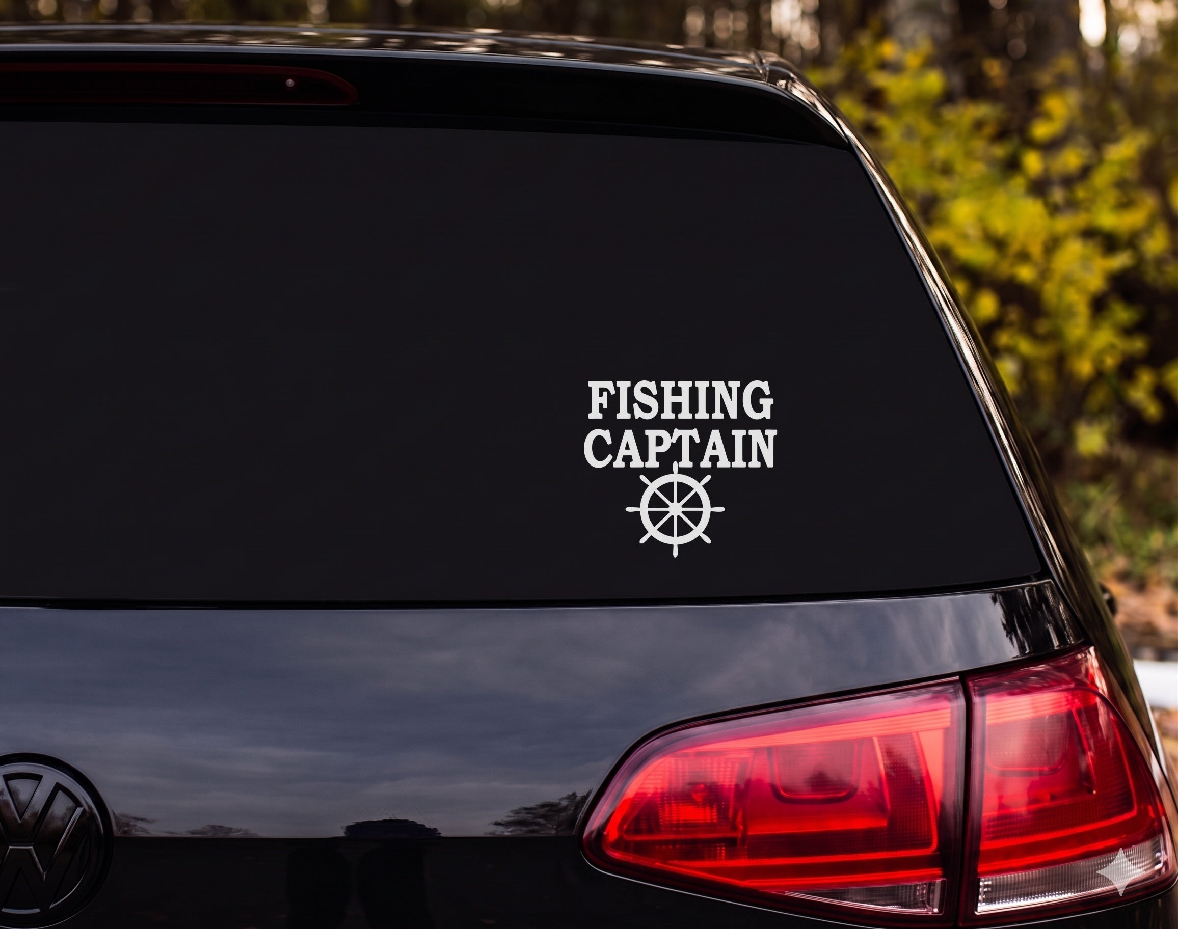 FISHING CAPTAIN Ship Wheel Helm Silhouette Vinyl Decal Sticker Car Window - White