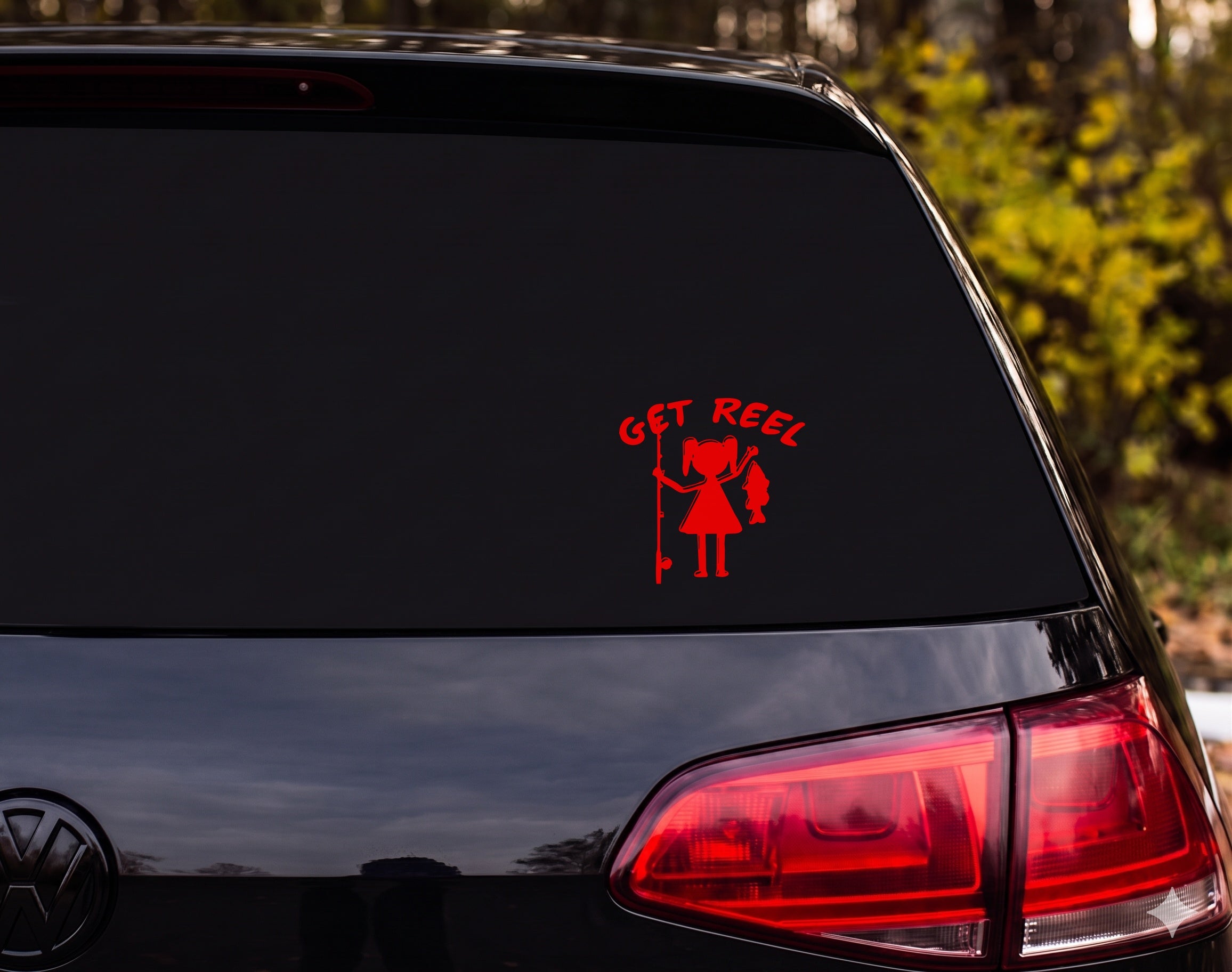 GET REEL Girl Pigtails Fishing Silhouette Vinyl Decal Sticker Car Window - Red