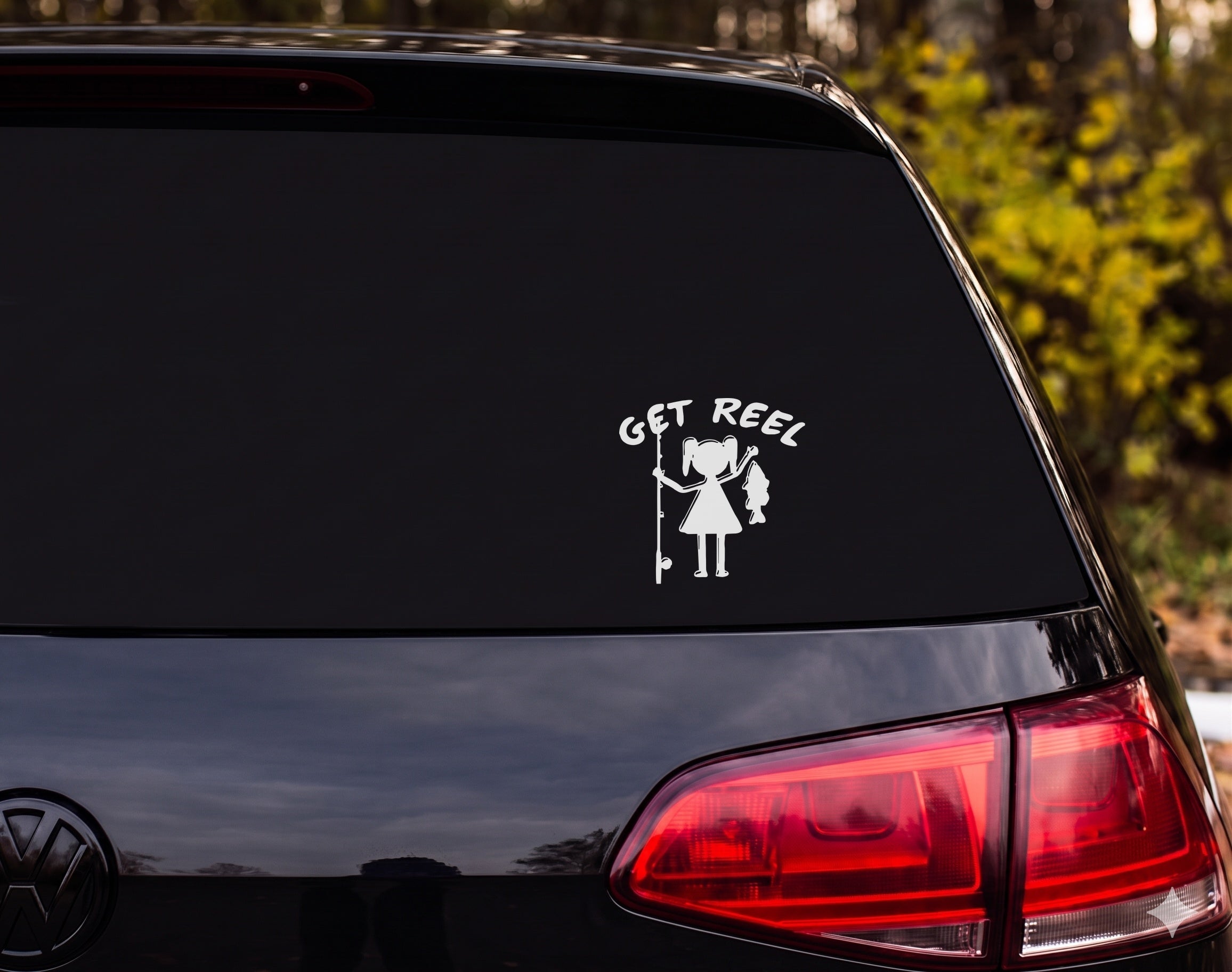 GET REEL Girl Pigtails Fishing Silhouette Vinyl Decal Sticker Car Window - White