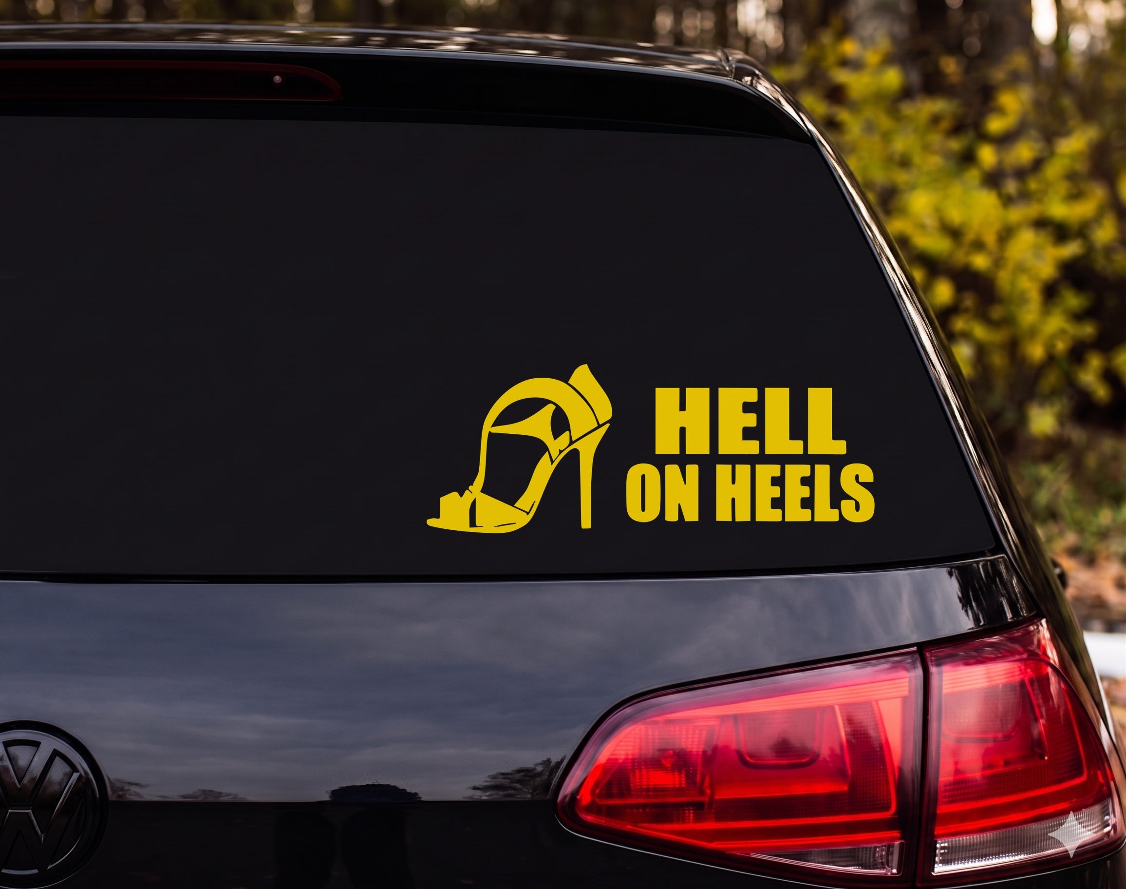 Hell on Heels High Heel Sandal Silhouette Vinyl Decal Sticker Car Window - Yellow