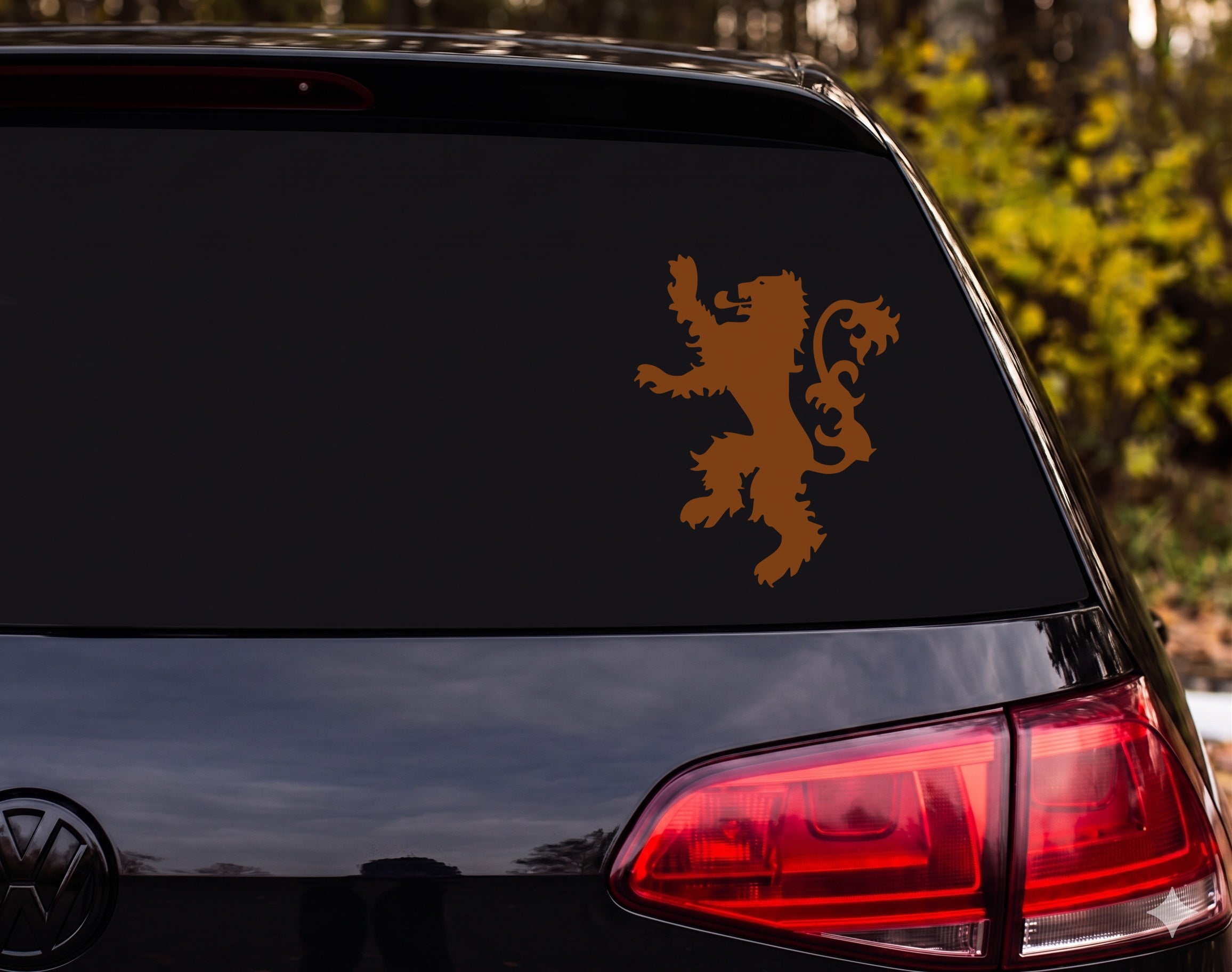 Heraldic Lion Rampant Silhouette Ornate Tail Spiky Mane Vinyl Decal Sticker - Brown