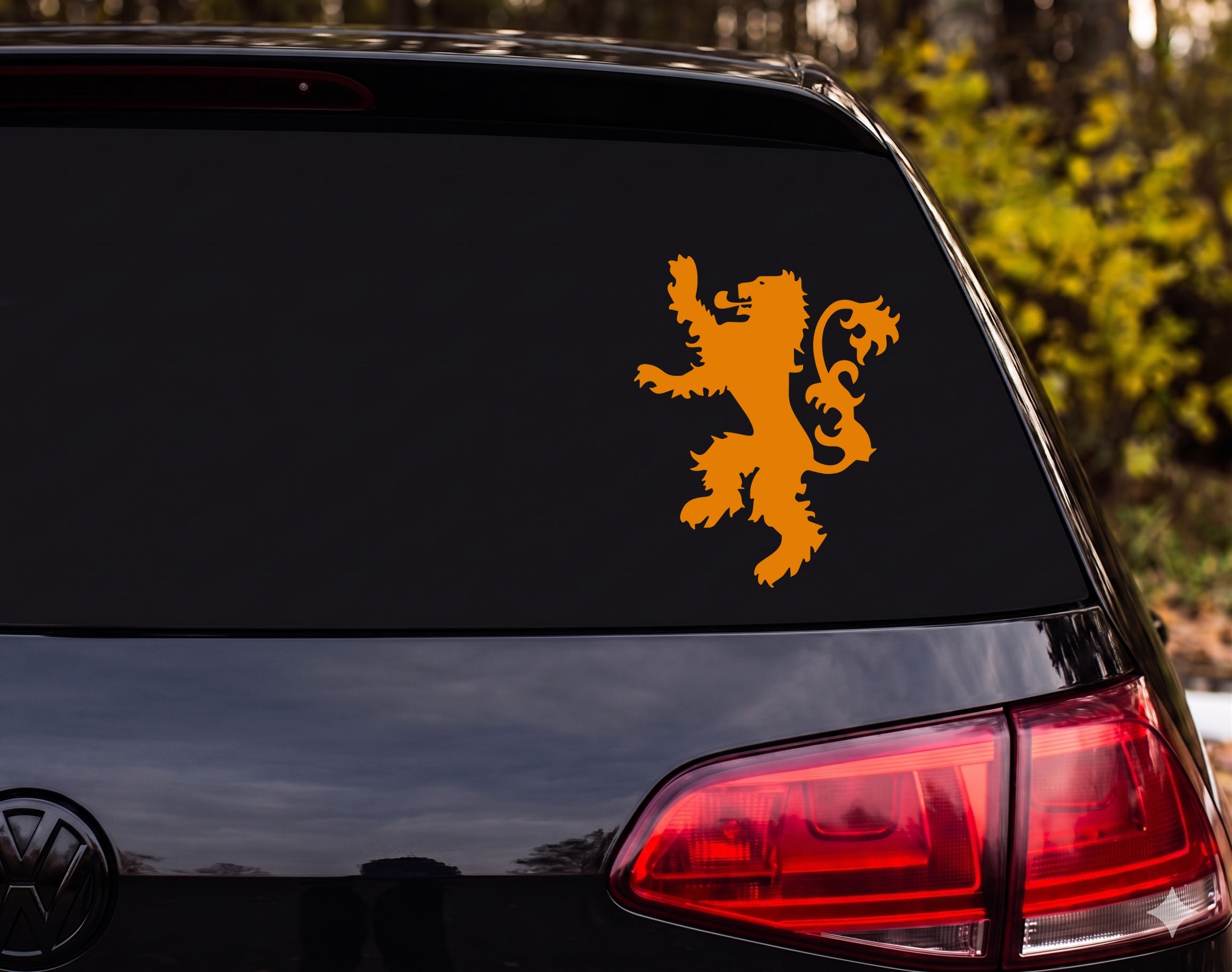 Heraldic Lion Rampant Silhouette Ornate Tail Spiky Mane Vinyl Decal Sticker - Orange