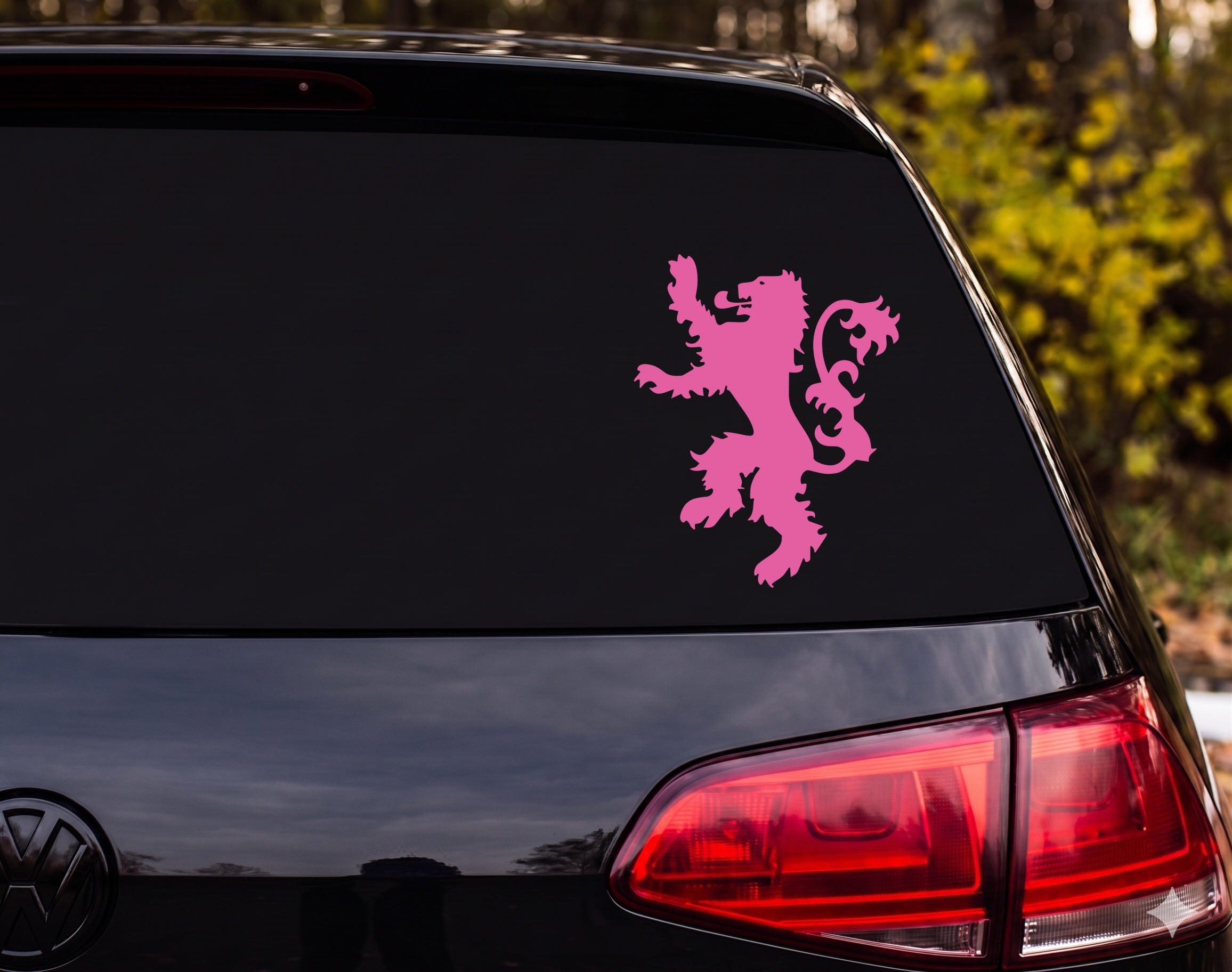 Heraldic Lion Rampant Silhouette Ornate Tail Spiky Mane Vinyl Decal Sticker - Pink