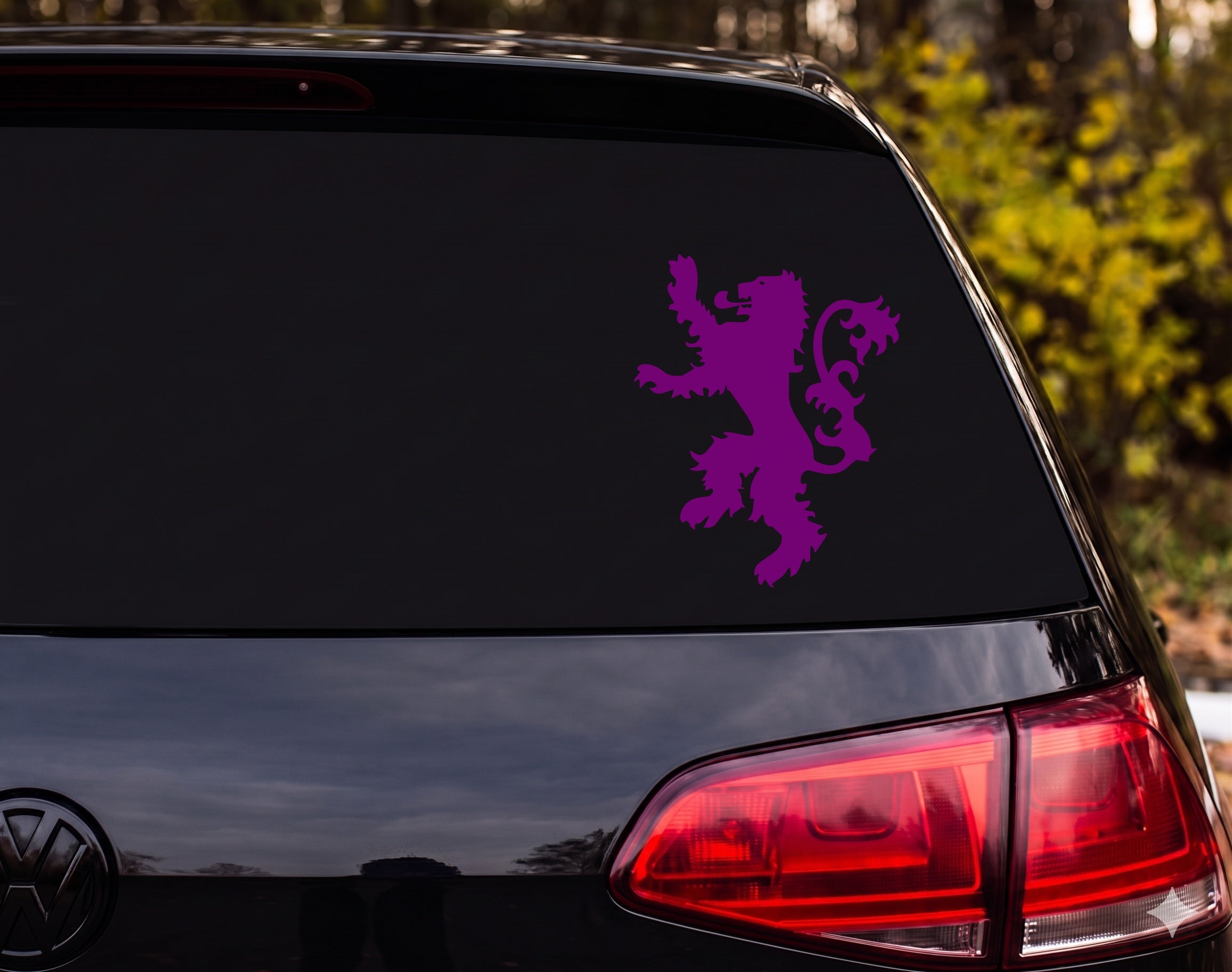 Heraldic Lion Rampant Silhouette Ornate Tail Spiky Mane Vinyl Decal Sticker - Purple
