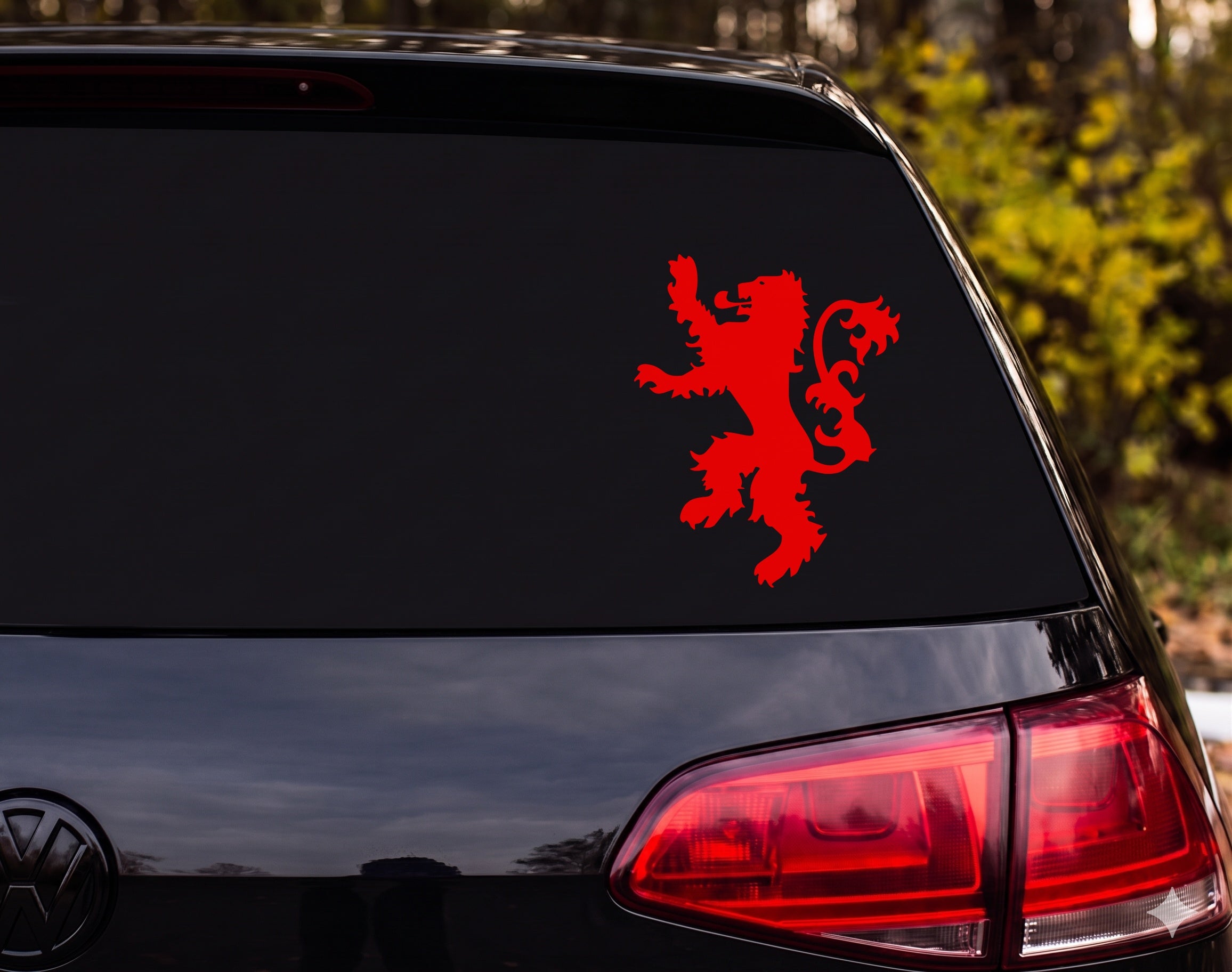Heraldic Lion Rampant Silhouette Ornate Tail Spiky Mane Vinyl Decal Sticker - Red