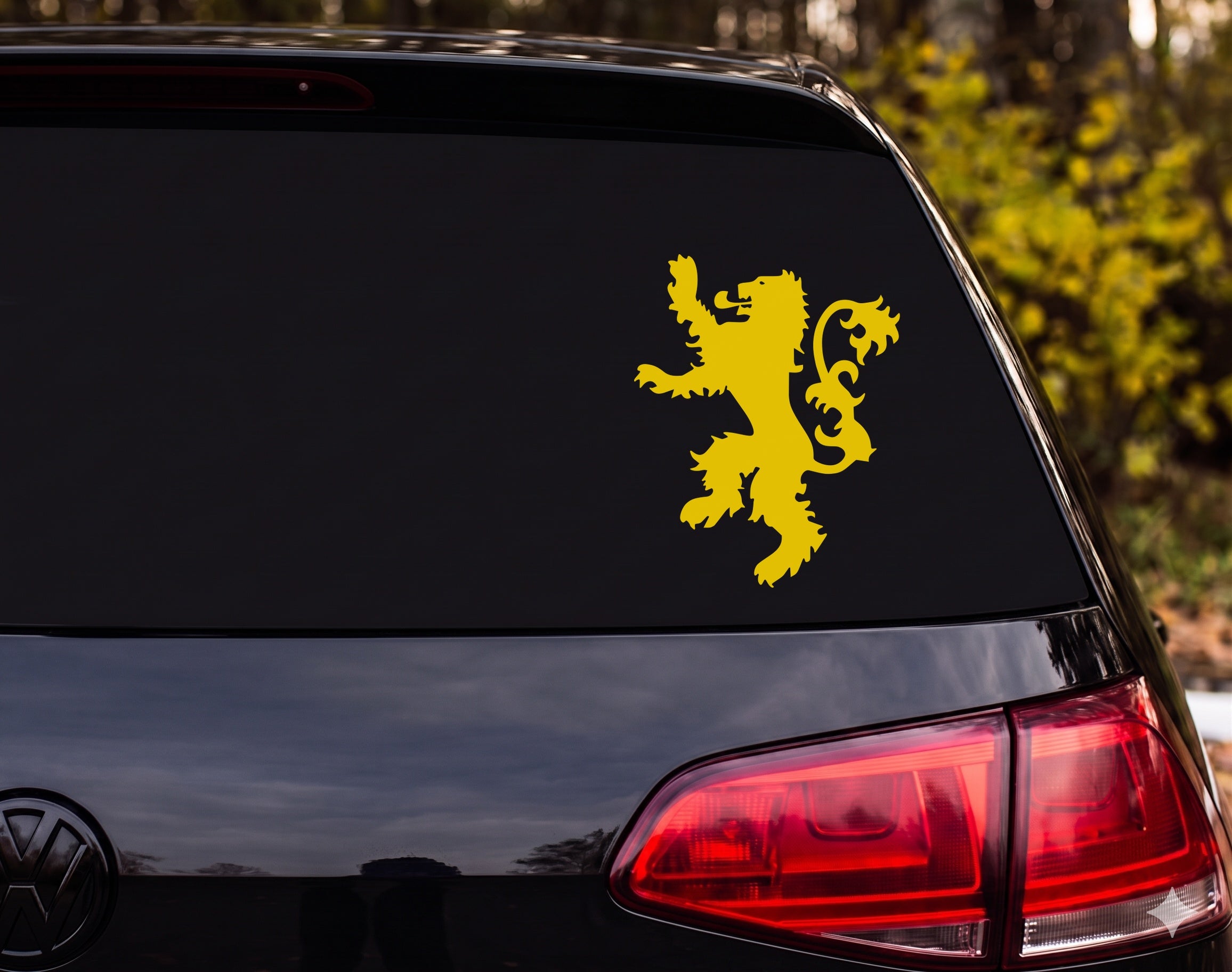 Heraldic Lion Rampant Silhouette Ornate Tail Spiky Mane Vinyl Decal Sticker - Yellow