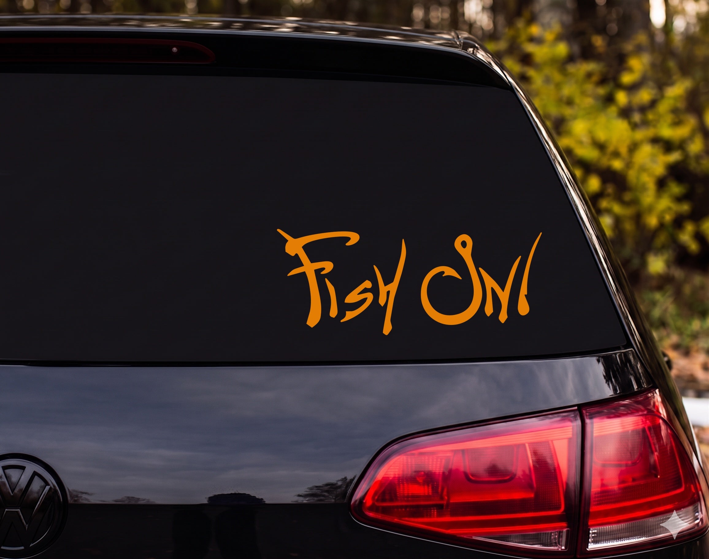 Fish On! Fishing Hook Letter Art Vinyl Decal Sticker Car Window Laptop - Orange