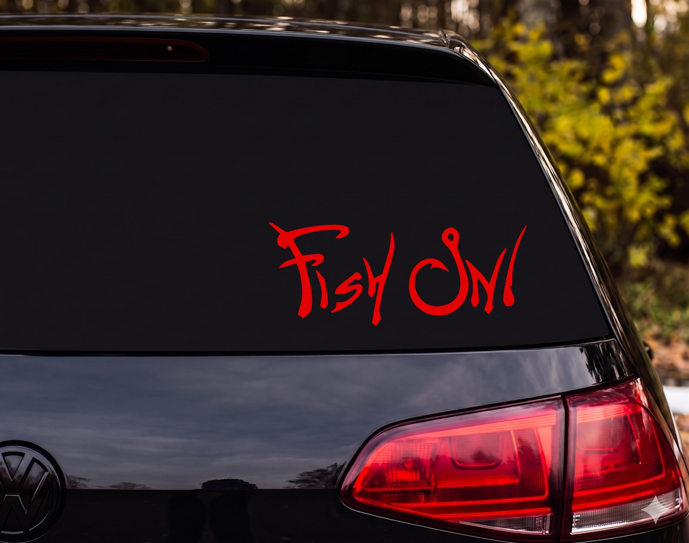 Fish On! Fishing Hook Letter Art Vinyl Decal Sticker Car Window Laptop - Red