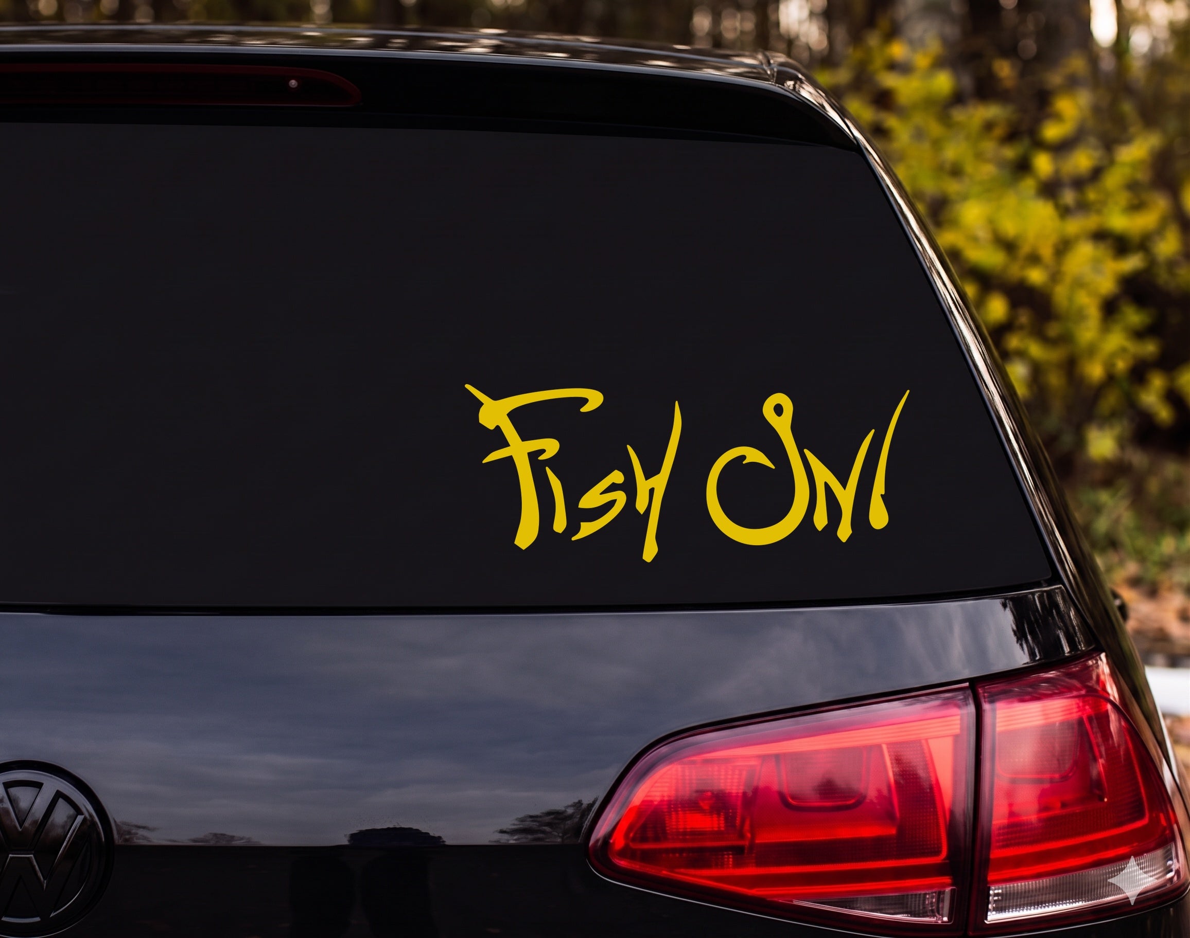 Fish On! Fishing Hook Letter Art Vinyl Decal Sticker Car Window Laptop - Yellow