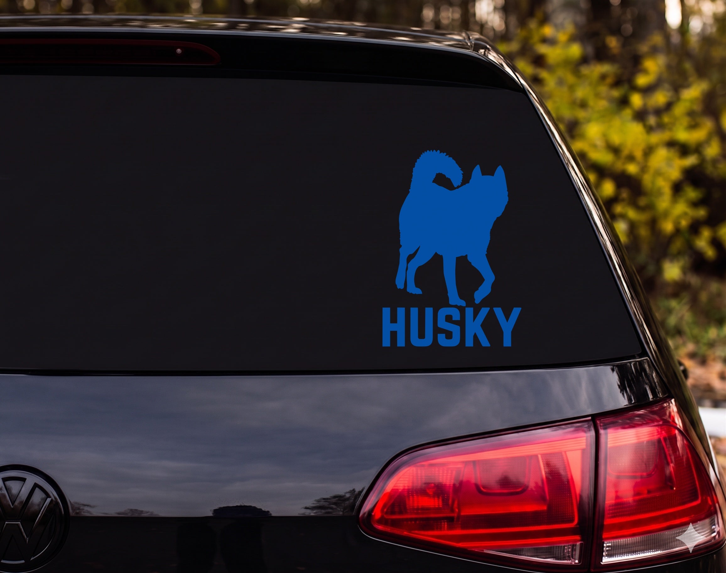 Husky Dog Standing Silhouette Curled Tail HUSKY Vinyl Decal Sticker Car Window - Blue