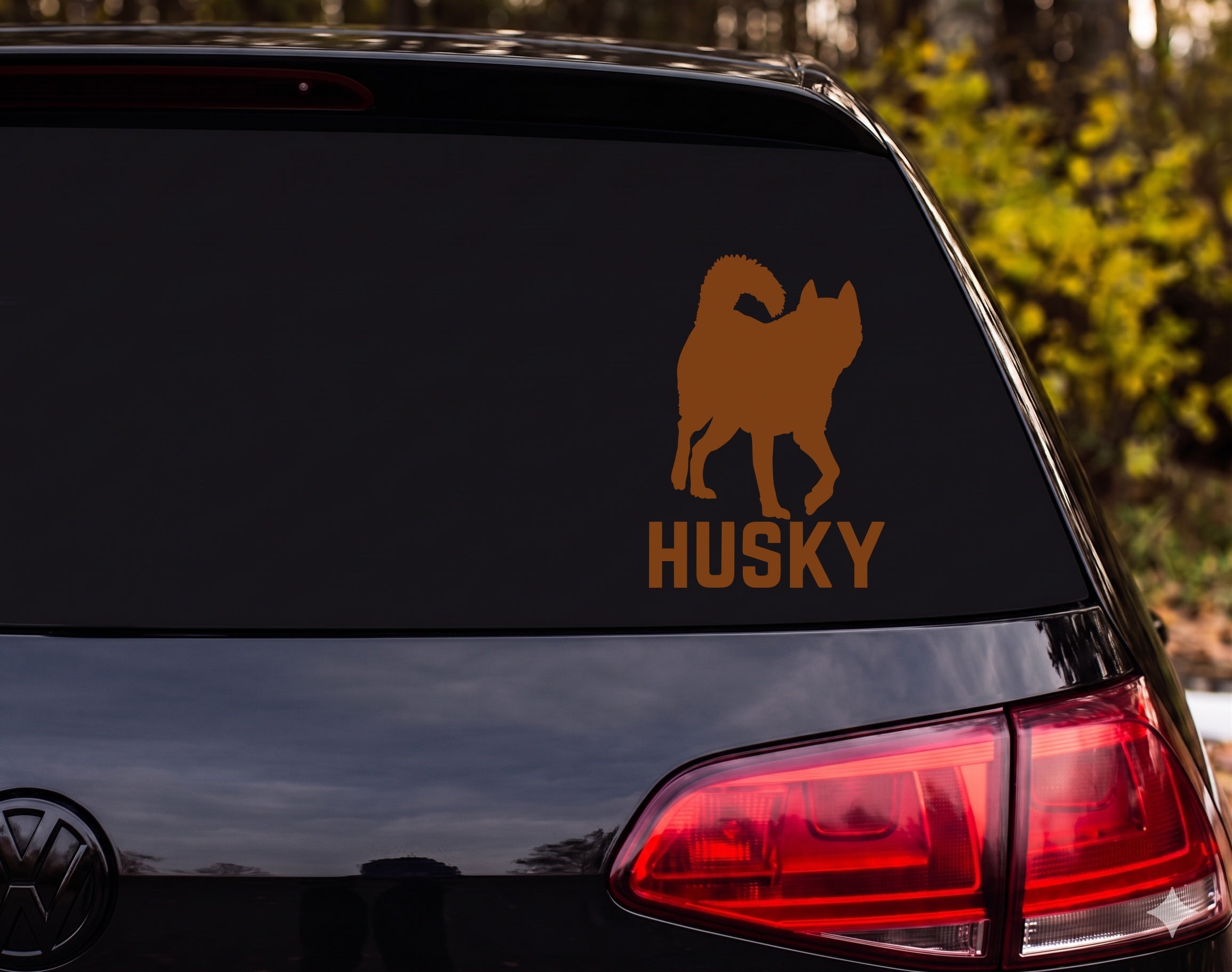 Husky Dog Standing Silhouette Curled Tail HUSKY Vinyl Decal Sticker Car Window - Brown