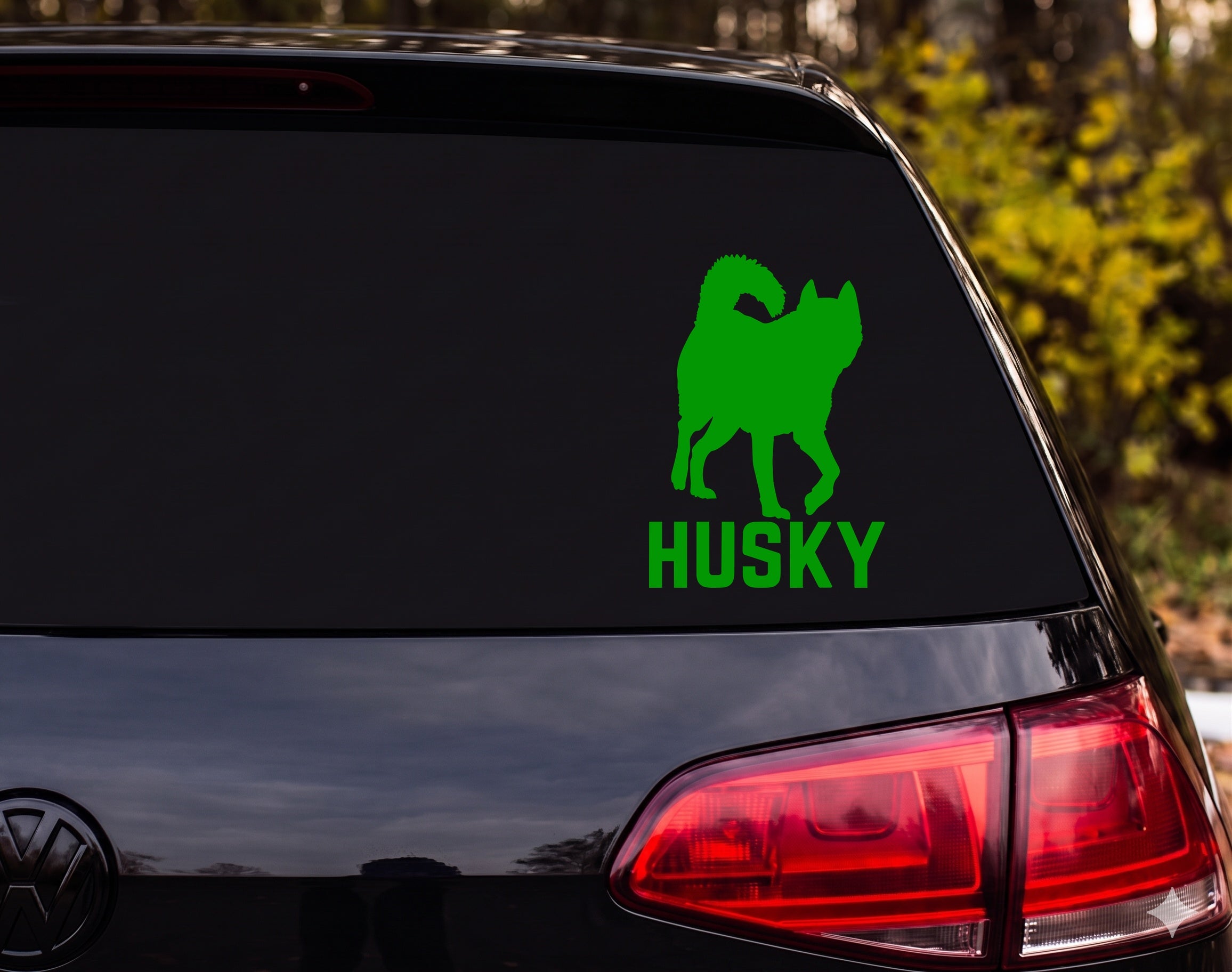Husky Dog Standing Silhouette Curled Tail HUSKY Vinyl Decal Sticker Car Window - Green
