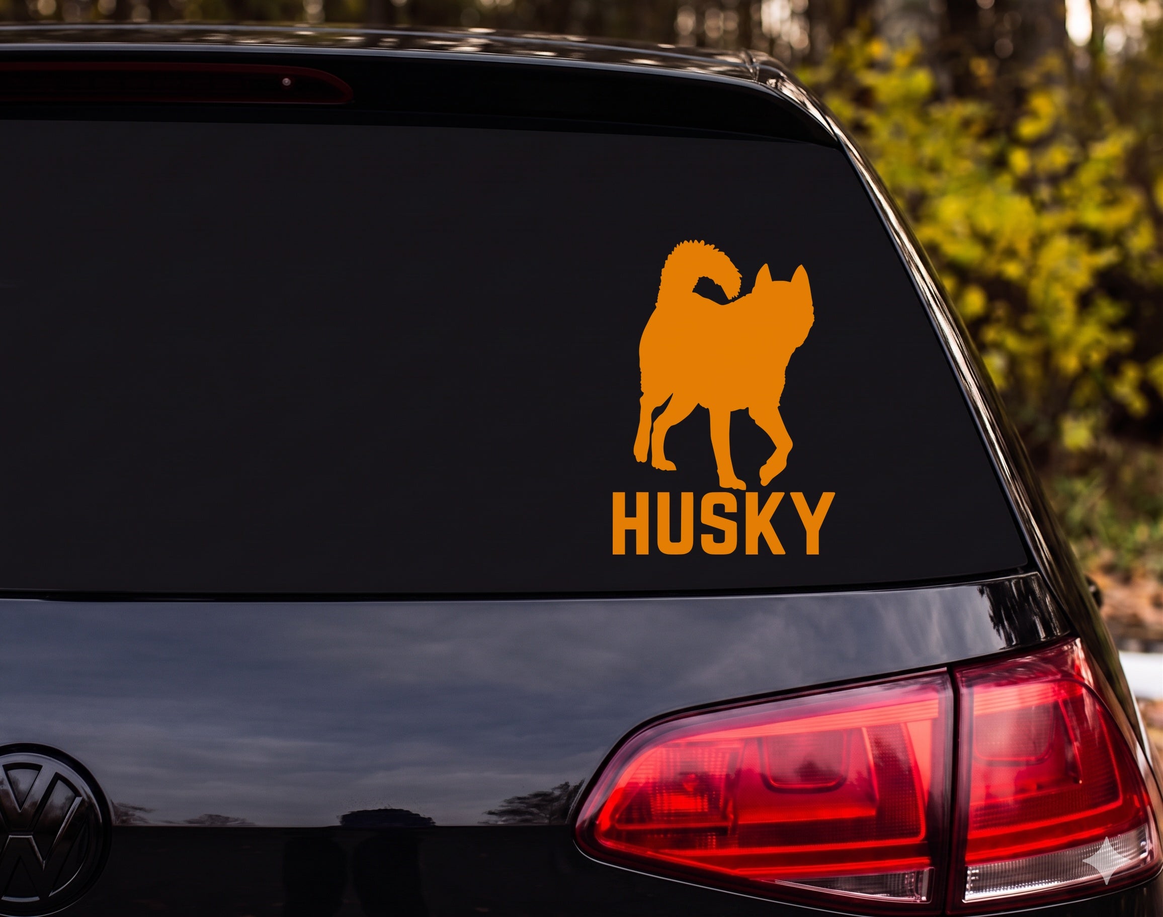 Husky Dog Standing Silhouette Curled Tail HUSKY Vinyl Decal Sticker Car Window - Orange