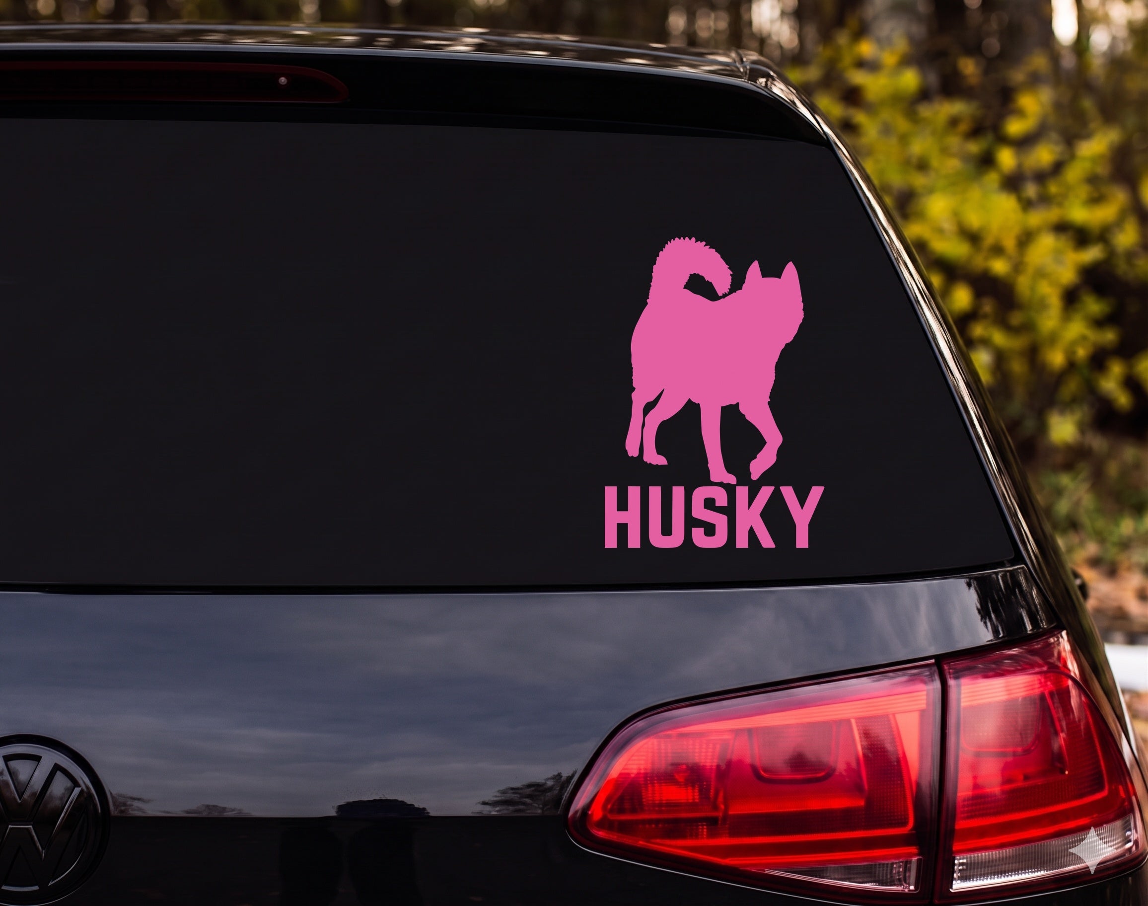 Husky Dog Standing Silhouette Curled Tail HUSKY Vinyl Decal Sticker Car Window - Pink