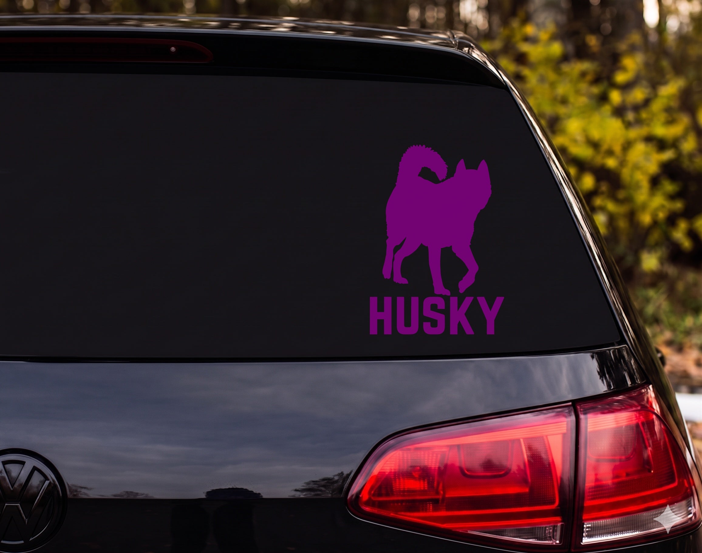 Husky Dog Standing Silhouette Curled Tail HUSKY Vinyl Decal Sticker Car Window - Purple