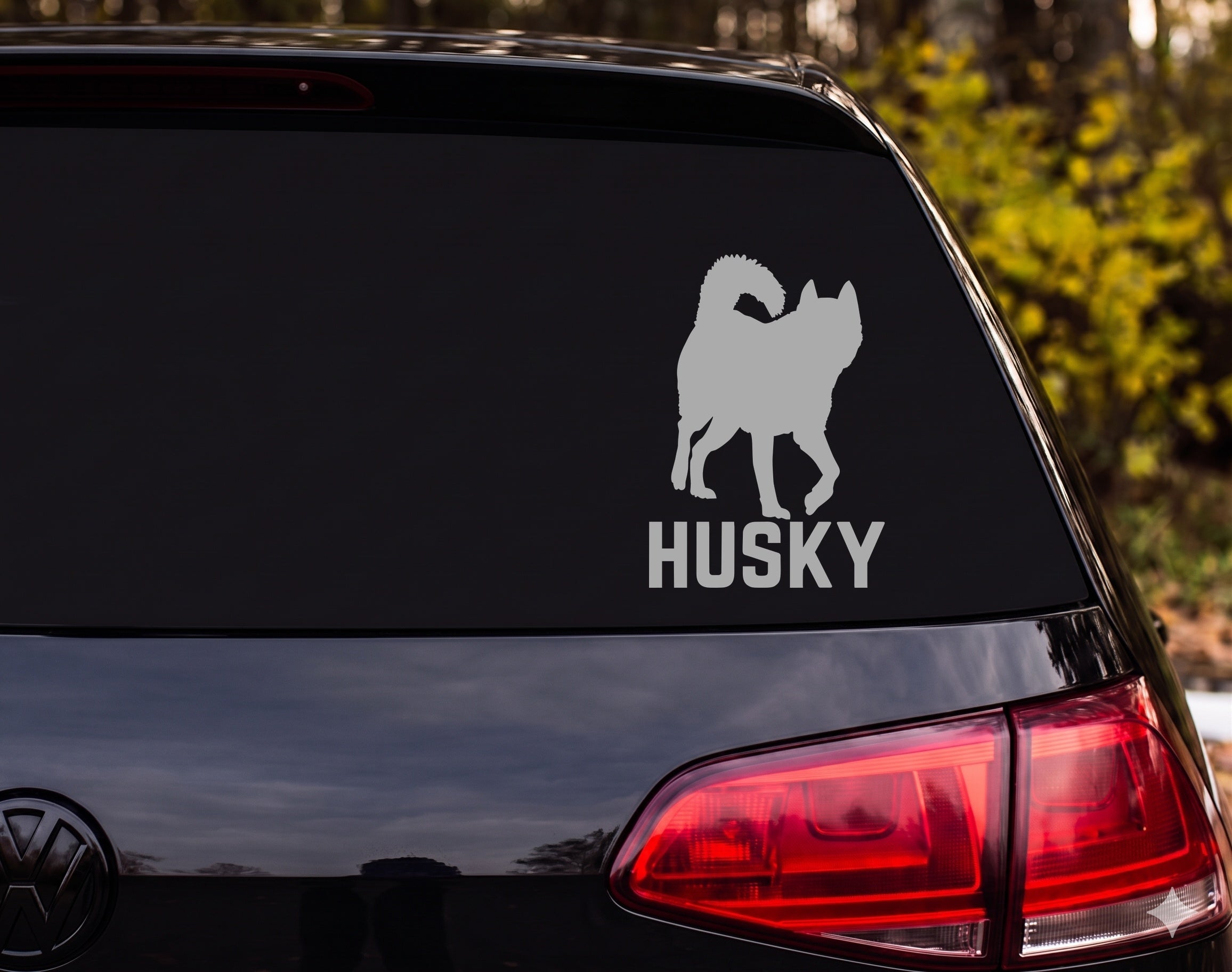 Husky Dog Standing Silhouette Curled Tail HUSKY Vinyl Decal Sticker Car Window - Silver